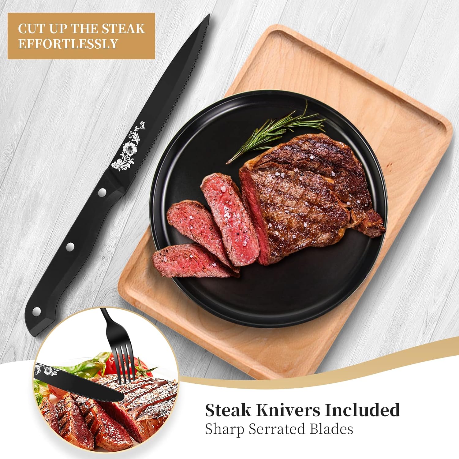 24-Piece Black Silverware Set with Steak Knife, Black Flatware Sets for 4, Stainless Steel Cutlery Set Includes Forks Knives Spoons,Unique Pattern Design,Mirror Polished and Dishwasher Safe - Image 5