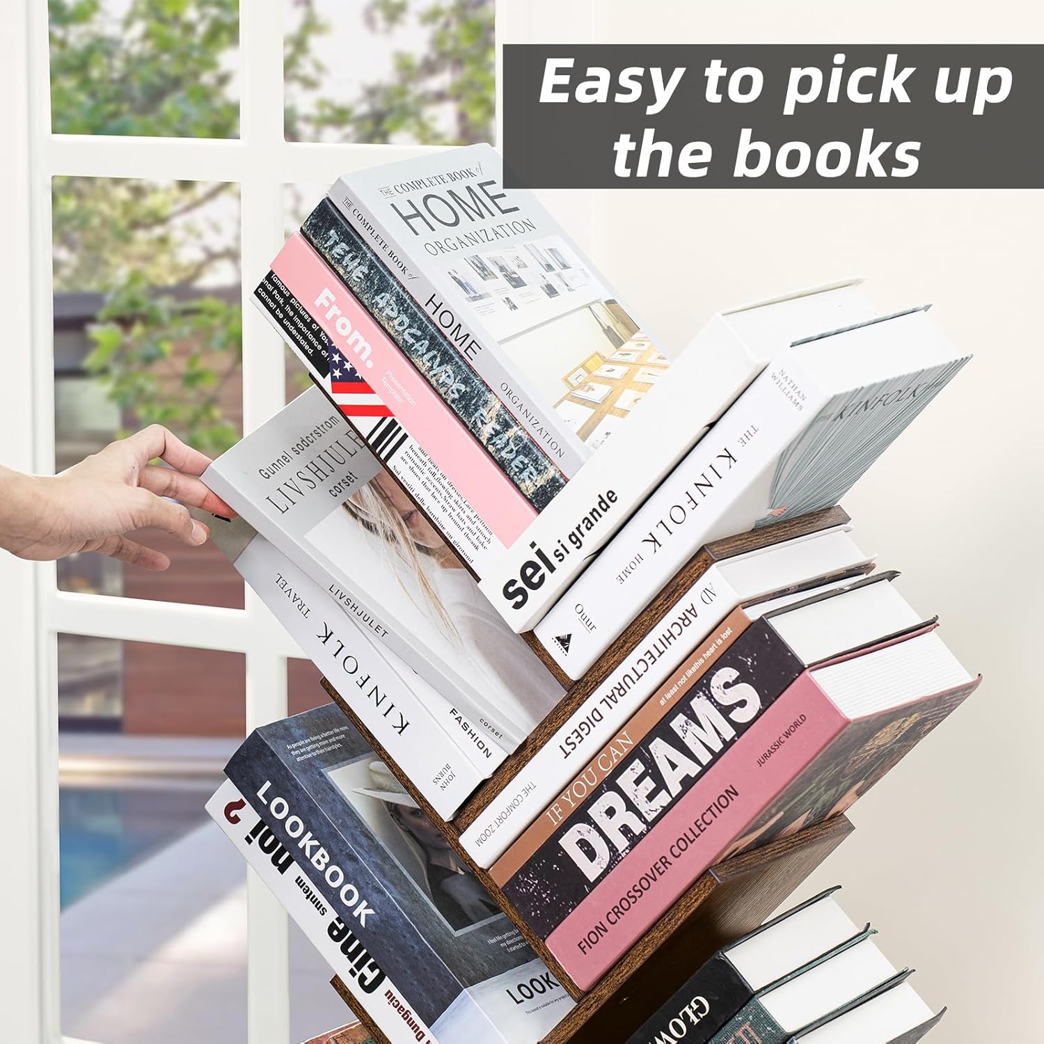 10 Tier Tree Book Shelf, Floor Standing Wood Bookshelf for Narrow Space, Storage Organizer Bookshelves for Books/CDs/Magazine, Bookcase with Shelves for Home Office, Living Room - Brown - Image 6