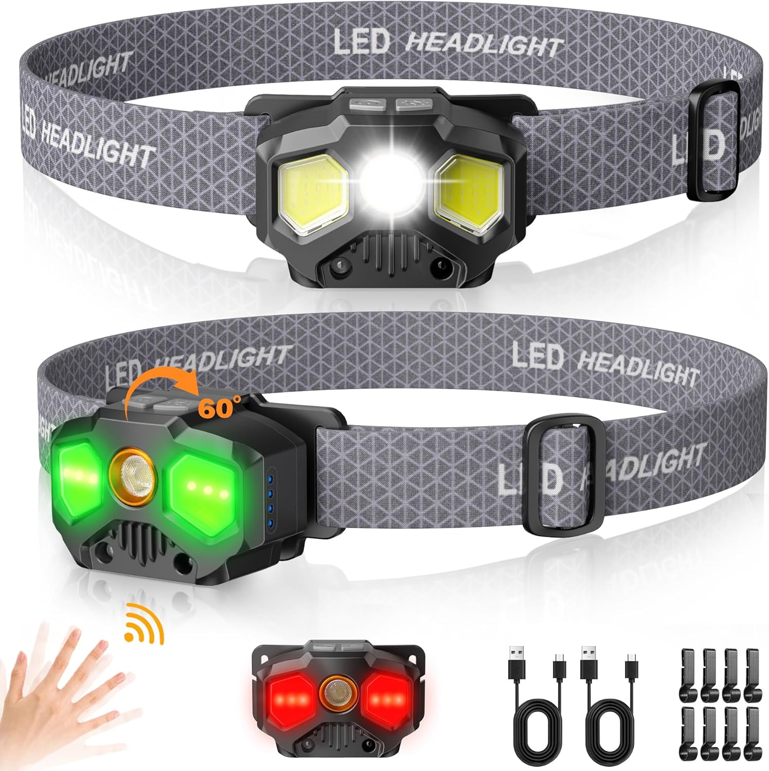 Rechargeable Headlamp, 2 Pack 1400 Lumens LED Headlamp with Red/Green/White 14 Modes Ultra-Bright Headlamp Rechargeable, Motion Sensor Headlamp with Memory Function, Ideal for Outdoor Camping - Image 2