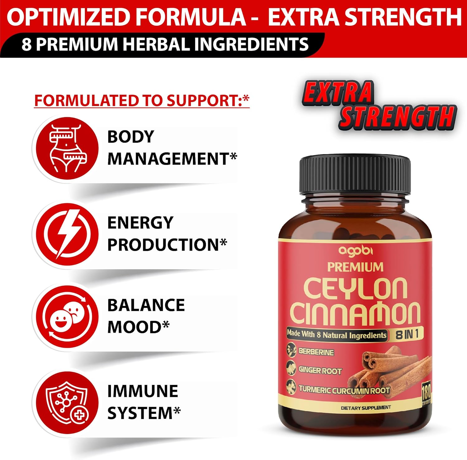 Premium Ceylon Cinnamon with Berberine Supplement - 8in1 Turmeric, Ginger, Gymnema & More - Body, Heart & Immune Support - 180 Capsules - Image 4