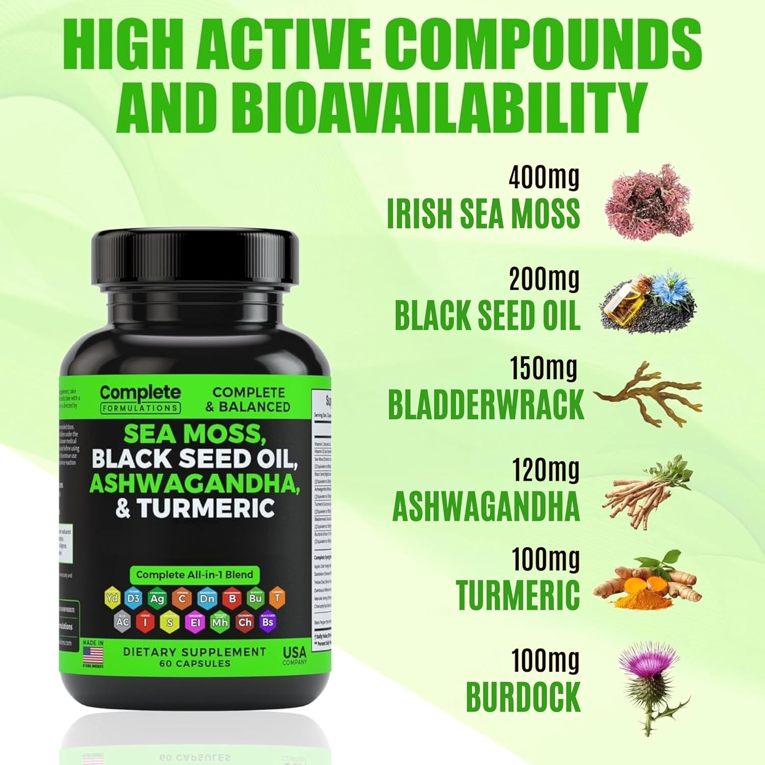 Sea Moss Supplement Blend with Black Seed Oil Ashwagandha Turmeric Bladderwrack, Burdock & Vitamin C & D3 with Elderberry Manuka Dandelion Yellow Dock Iodine - Image 6