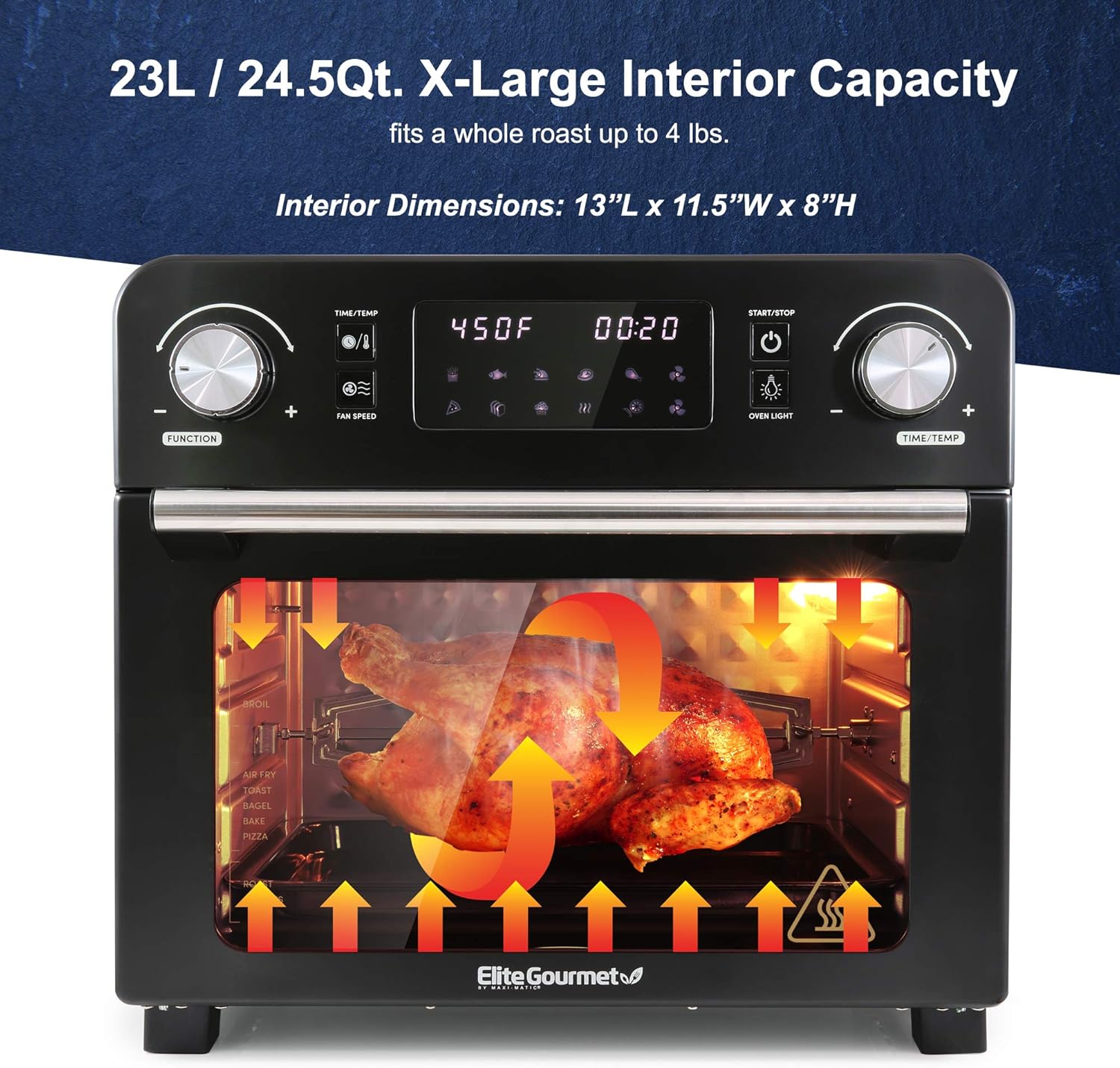 Elite Gourmet EAF9310 Digital Programmable Fryer Oven, Oil-Less Convection Oven Extra Large 24.5 Quart Capacity, fits 12" pizza, Grill, Bake, Roast, Air Fry, 1700-Watts, Black - Image 4