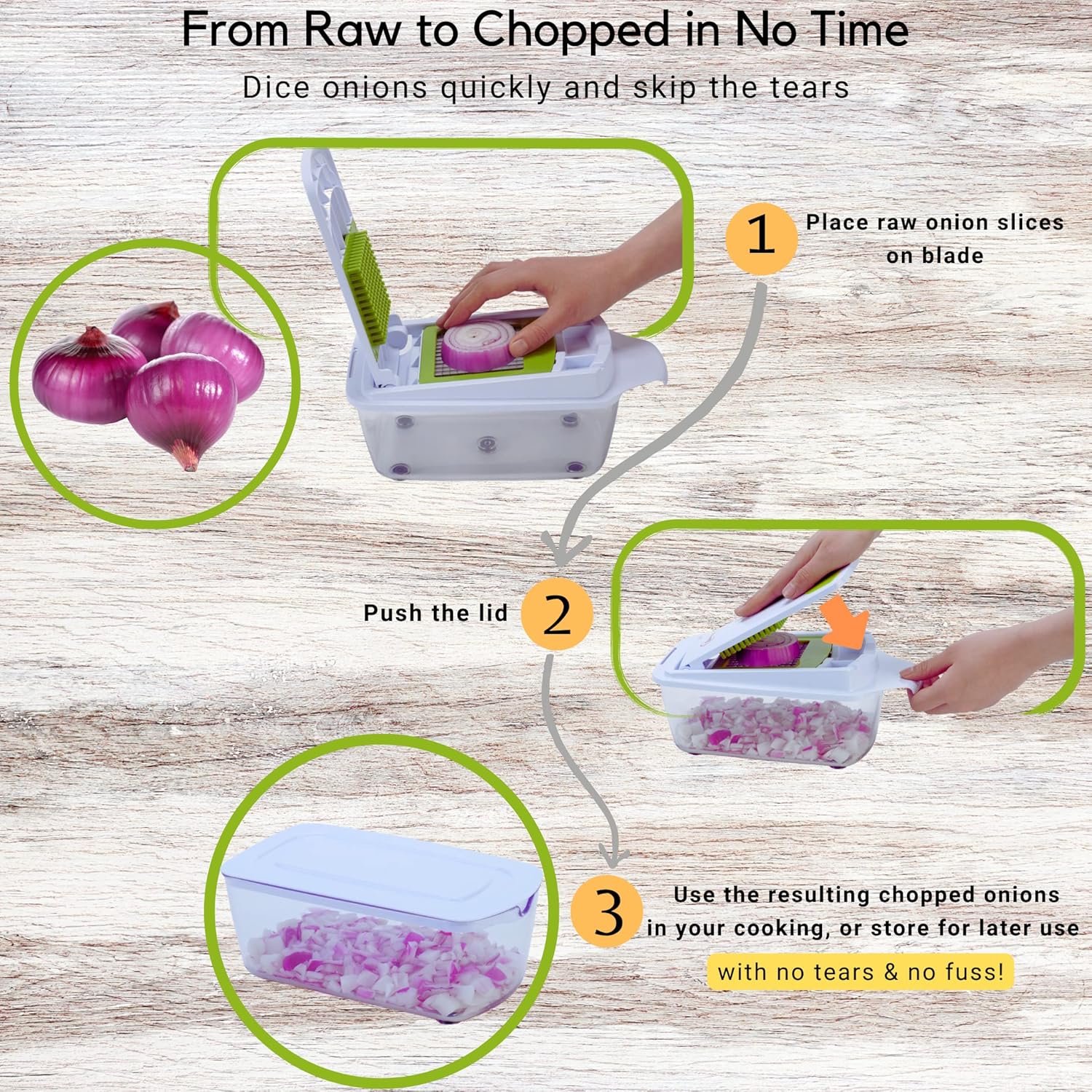 Brieftons QuickPush Food Chopper: Strongest & 200% More Container Capacity, 30% Heavier Duty, Fruit & Vegetable Chopper, Onion Chopper Vegetable Cutter, with 3 Dicer Blades & Keep-Fresh Lid, 5 Ebooks - Image 4