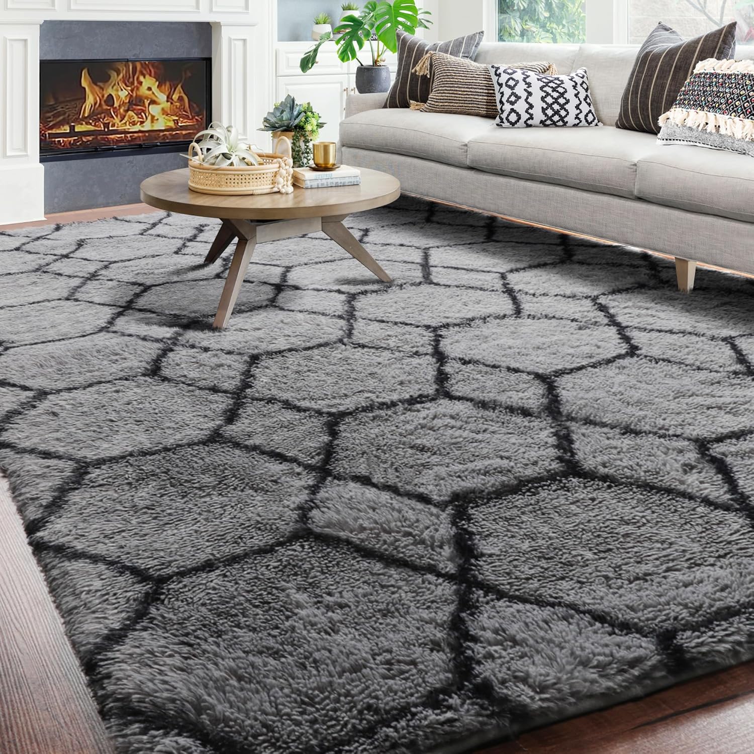 ONASAR 8x10 Area Rugs for Living Room, Fluffy Grey and Black Bedroom Rug, Washable Geometric Boho Large Soft Plush Shaggy Fuzzy Floor Carpet for Nursery Kids Classroom Playroom Dorm Home Decor - Image 2