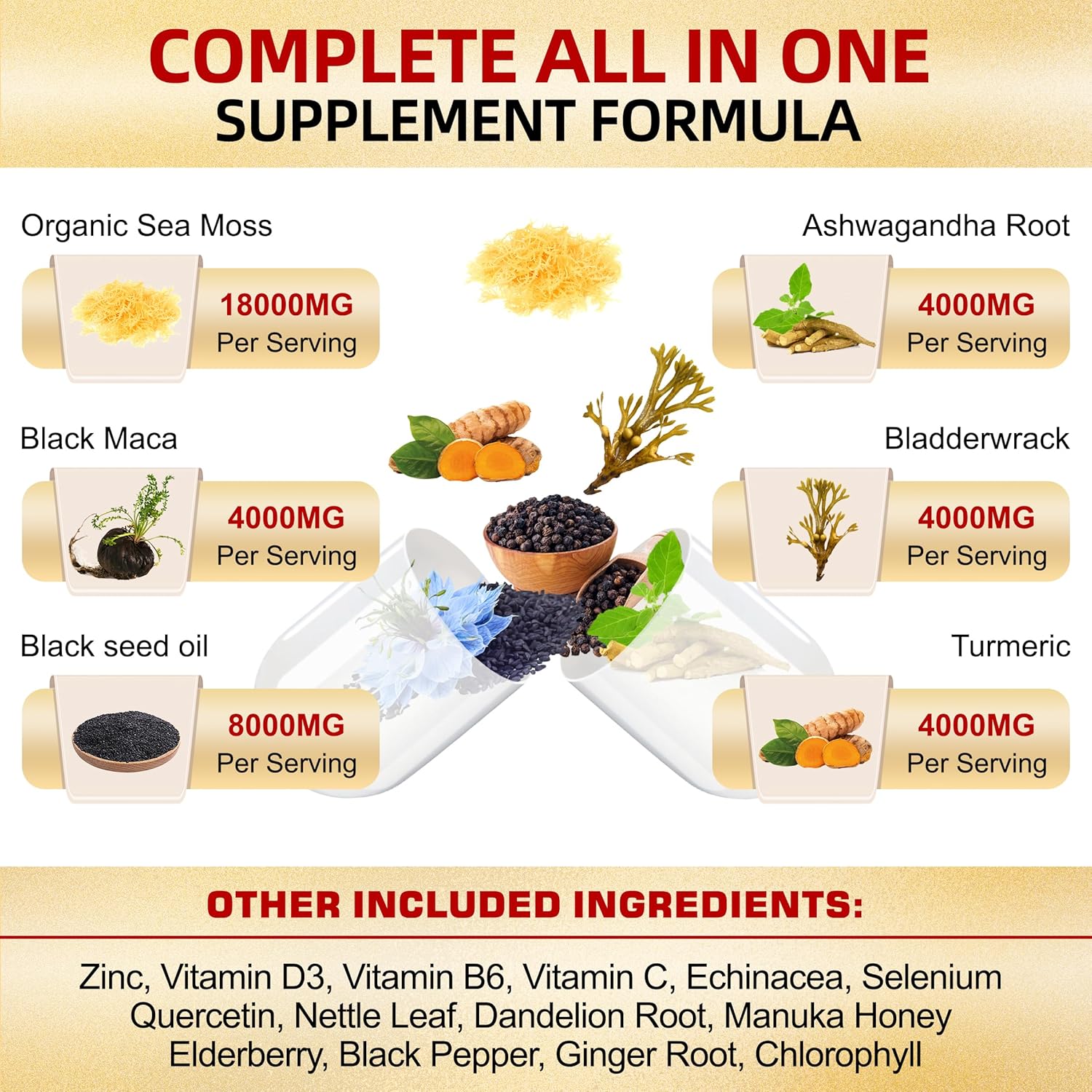 Sea Moss 18000mg Maca 4000mg Black Seed Oil 8000mg Ashwagandha 4000mg Bladderwrack Turmeric & Burdock Ginger Vitamin C D3 with Manuka Honey Elderberry Dandelion Yellow Dock Chlorophyll ACV, 180 Count - Image 3