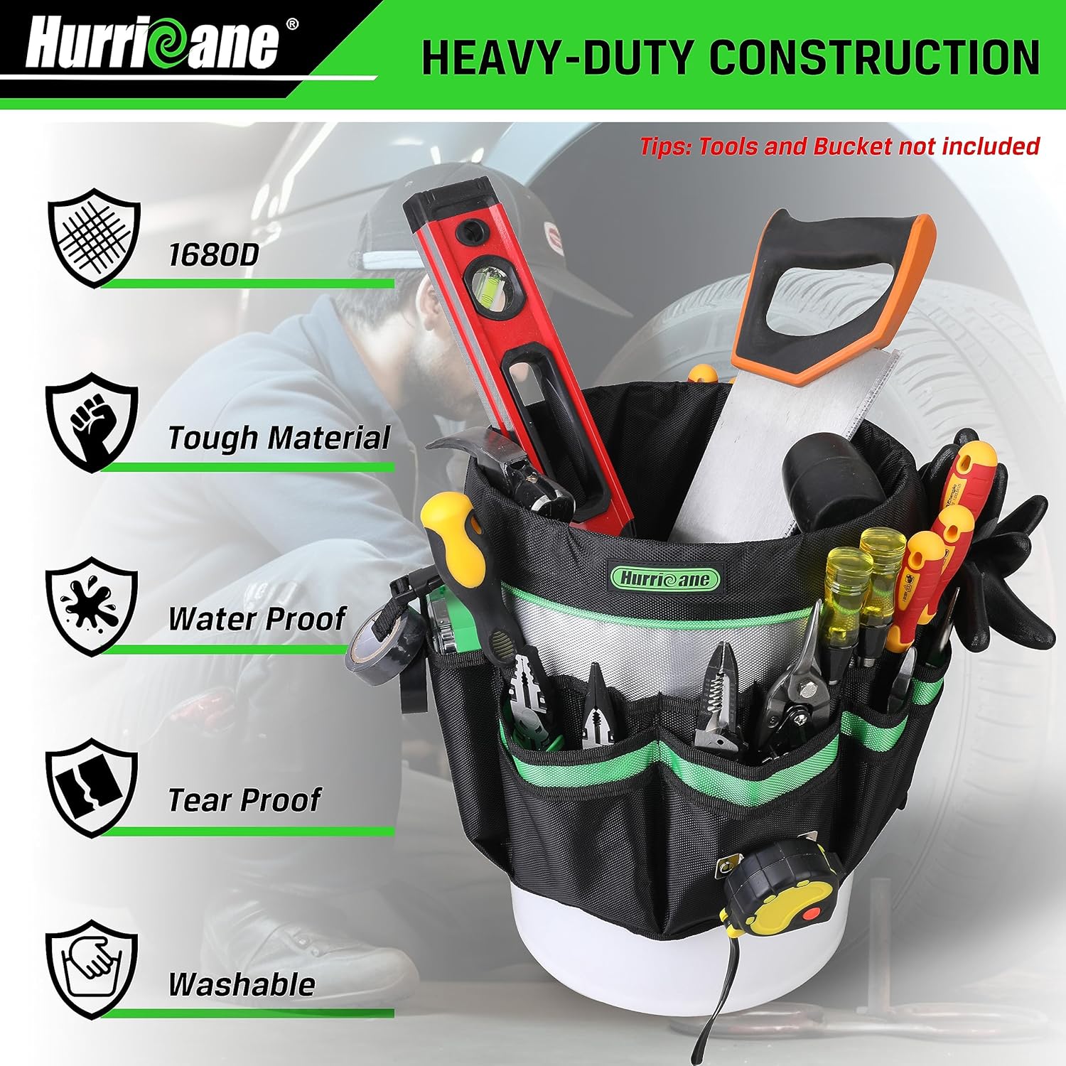HURRICANE 5 Gallon Bucket Tool Bag Organizer, Garden Tool Caddy with 52 Pockets, Waterproof for Most Buckets - Image 3
