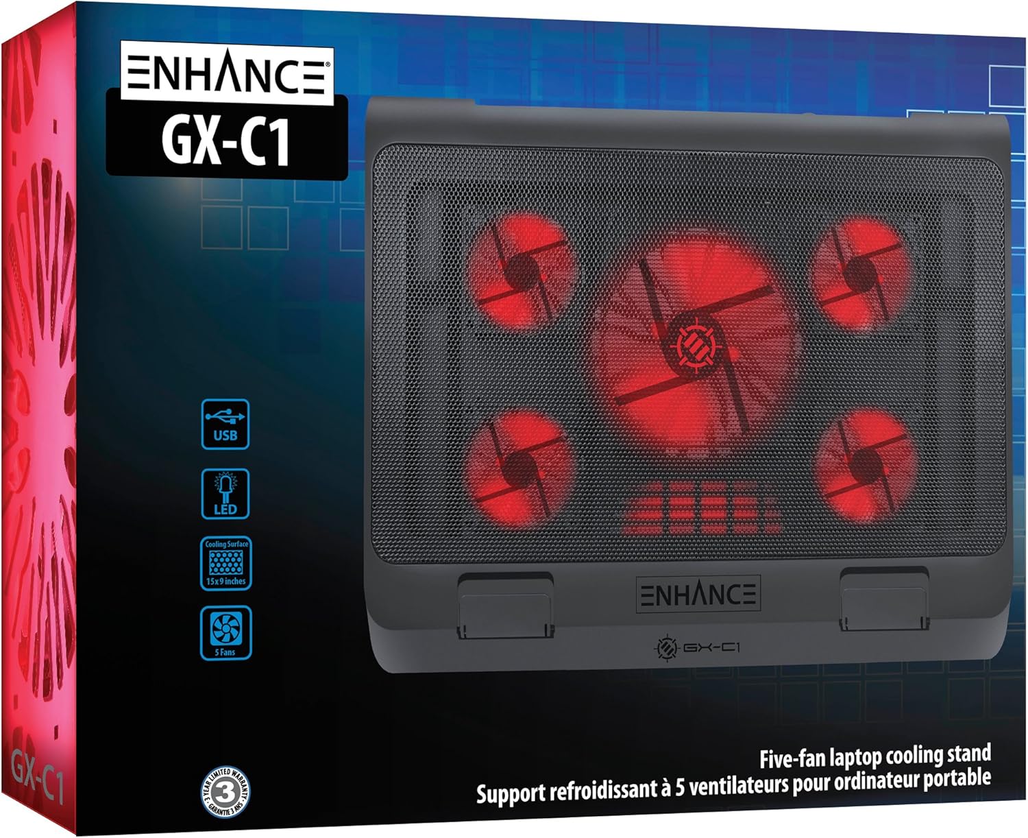 ENHANCE Gaming Laptop Cooling Pad Stand with LED Cooler Fans , Adjustable Height , & Dual USB Port for 17 inch Laptops - 5 Ultra Quiet High Performance Fans 2630 RPM & Built-In Bumpers - Red - Image 10