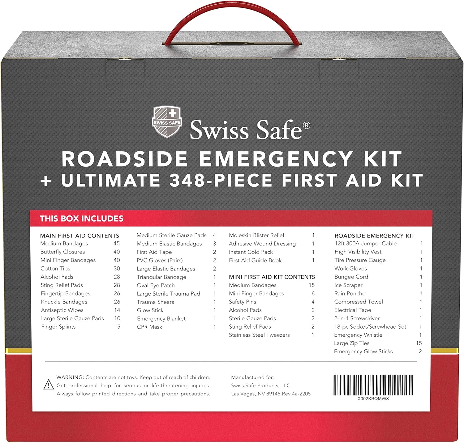 Swiss Safe 2-in-1 Survival Car Emergency Kit for Vehicles - Compact & Portable Car Safety Kit w/Travel Bag + Bonus Car First Aid Kit (378 Piece) - 12-Foot Jumper Cables - Auto Essentials - Image 10