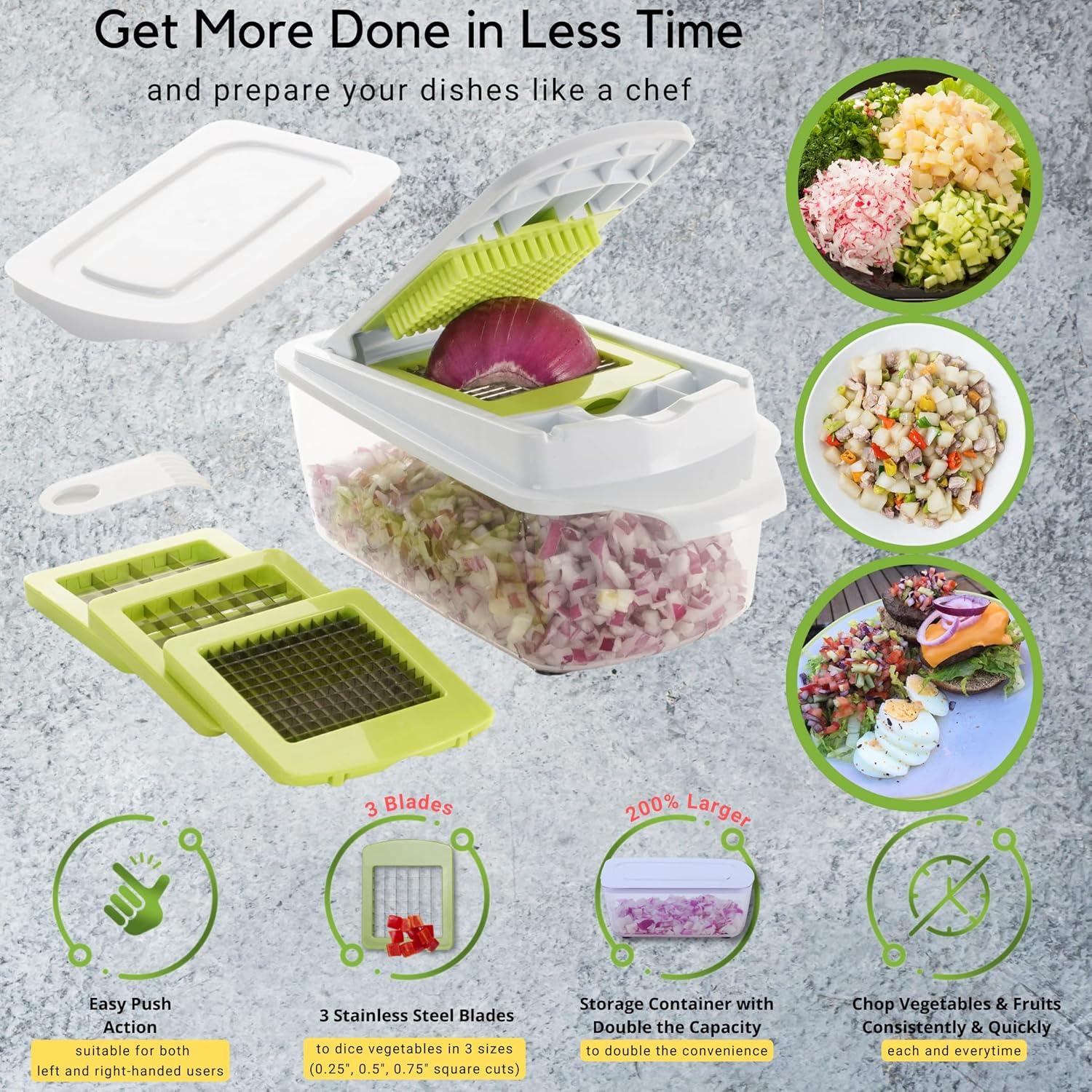 Brieftons QuickPush Food Chopper: Strongest & 200% More Container Capacity, 30% Heavier Duty, Fruit & Vegetable Chopper, Onion Chopper Vegetable Cutter, with 3 Dicer Blades & Keep-Fresh Lid, 5 Ebooks - Image 5