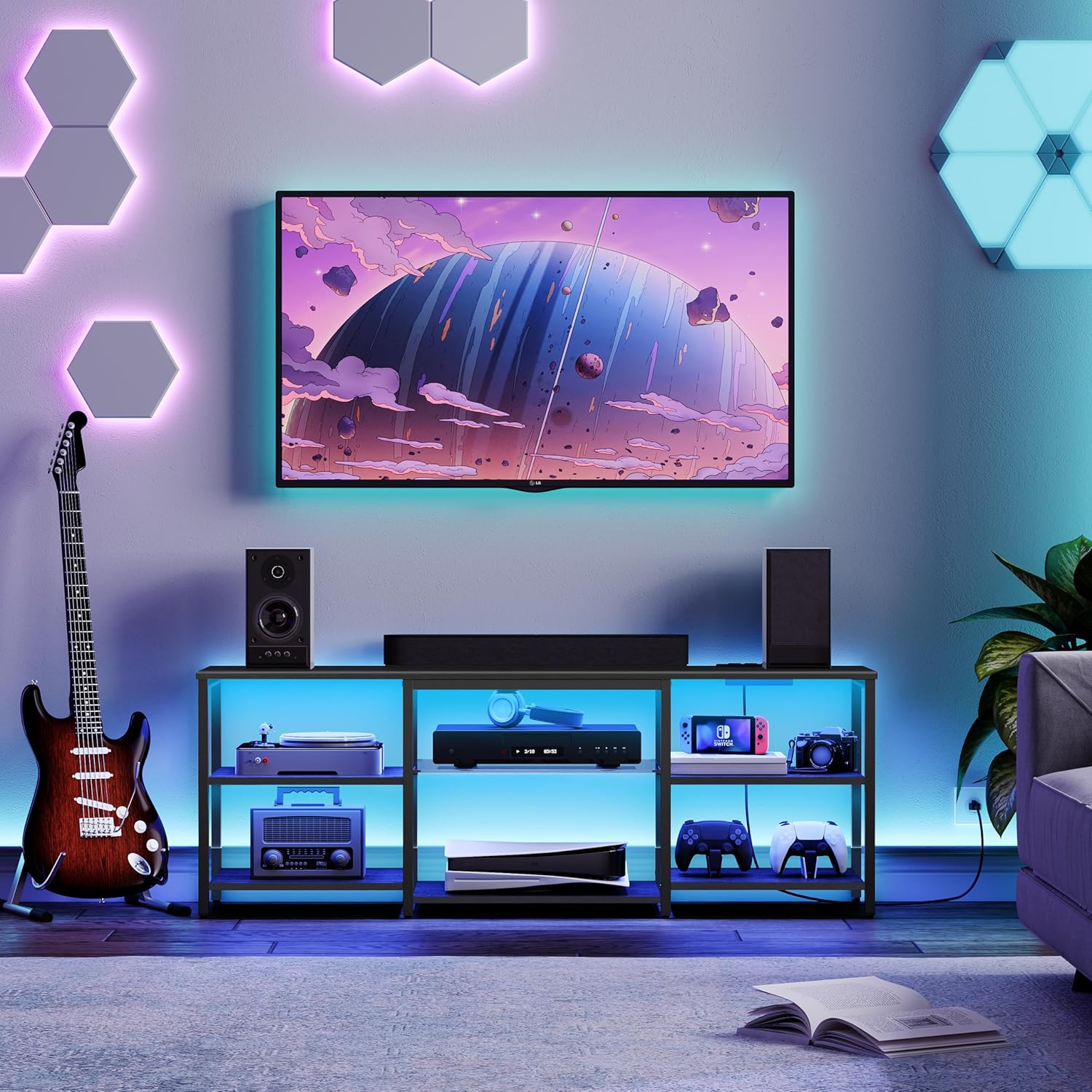 HOOBRO LED TV Stand for 65 Inch TVs with Charging Station, Gaming Entertainment Center with 3-Tier Open Storage, Long Media TV Console Table, TV Stand for Living Room, Bedroom, Black BB20UDDS01 - Image 2