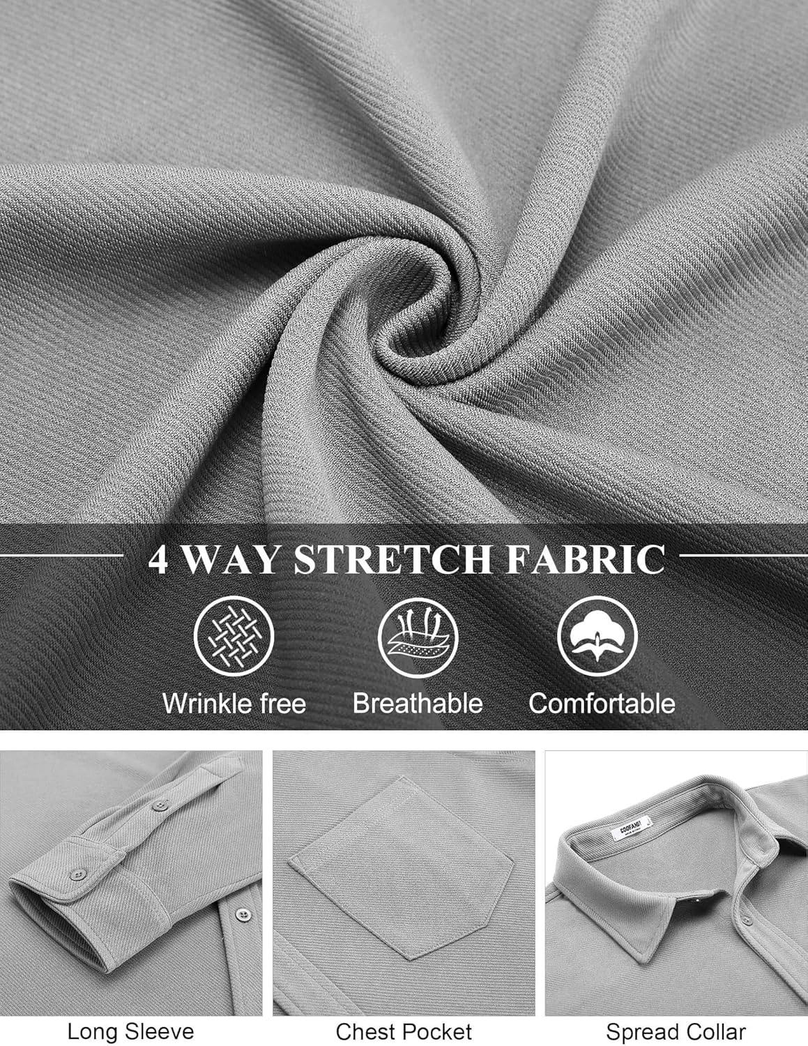 COOFANDY Mens Long Sleeve Button Down Shirts Wrinkle Free Shacket Jacket Stretch Casual Overshirt - Image 6