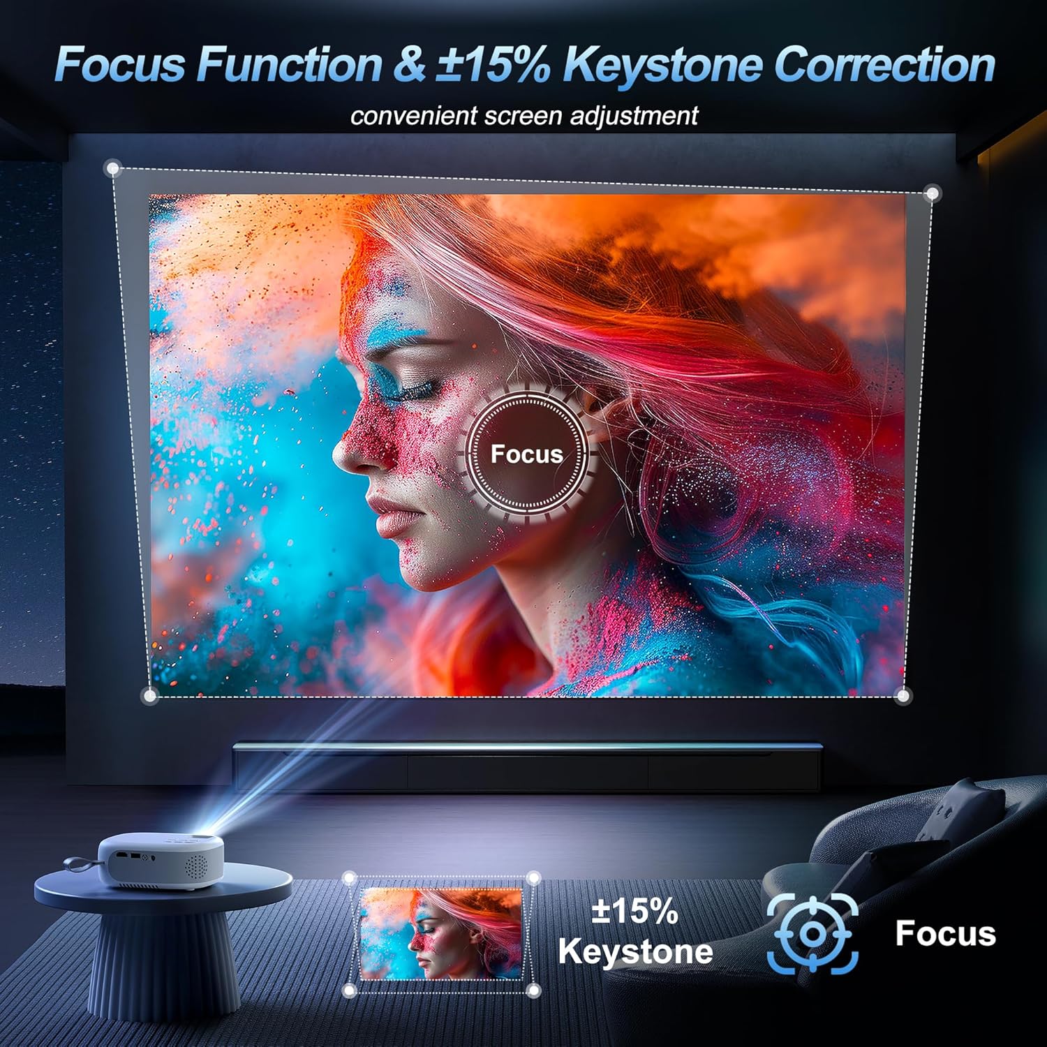 Outdoor Movie Projector with 15000 Lumens & Focus &15%Keystone Correction | 1080P Portable Mini Projector, WiFi Bluetooth, Built-in 2 Speakers & USB-C Cable, Compatible with iPhone/Android/Fire Stick - Image 5