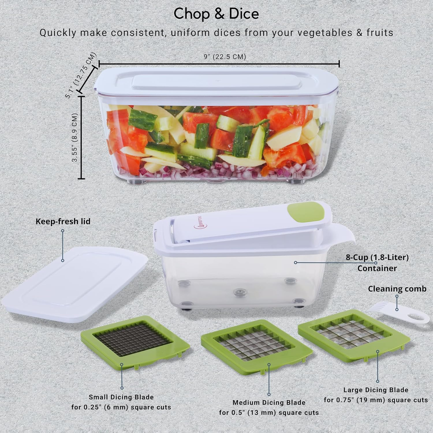 Brieftons QuickPush Food Chopper: Strongest & 200% More Container Capacity, 30% Heavier Duty, Fruit & Vegetable Chopper, Onion Chopper Vegetable Cutter, with 3 Dicer Blades & Keep-Fresh Lid, 5 Ebooks - Image 10