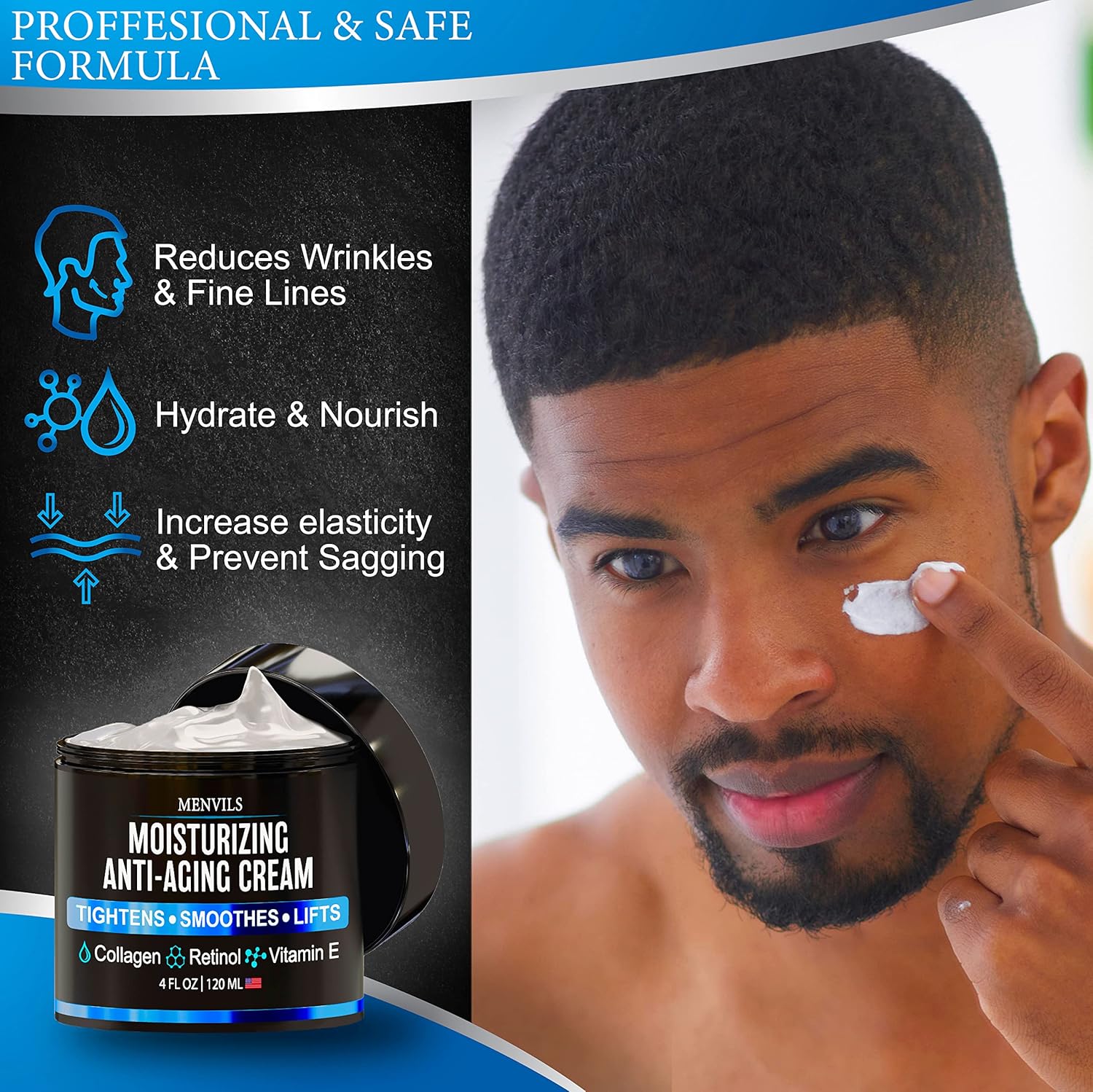 Mens Face Moisturizer Cream - Anti Aging & Wrinkle for Men with Collagen, Retinol, Vitamins E, Jojoba Oil - Face Lotion - Age Facial Skin Care - Eye Wrinkle - Day & Night - 4 oz - Image 5
