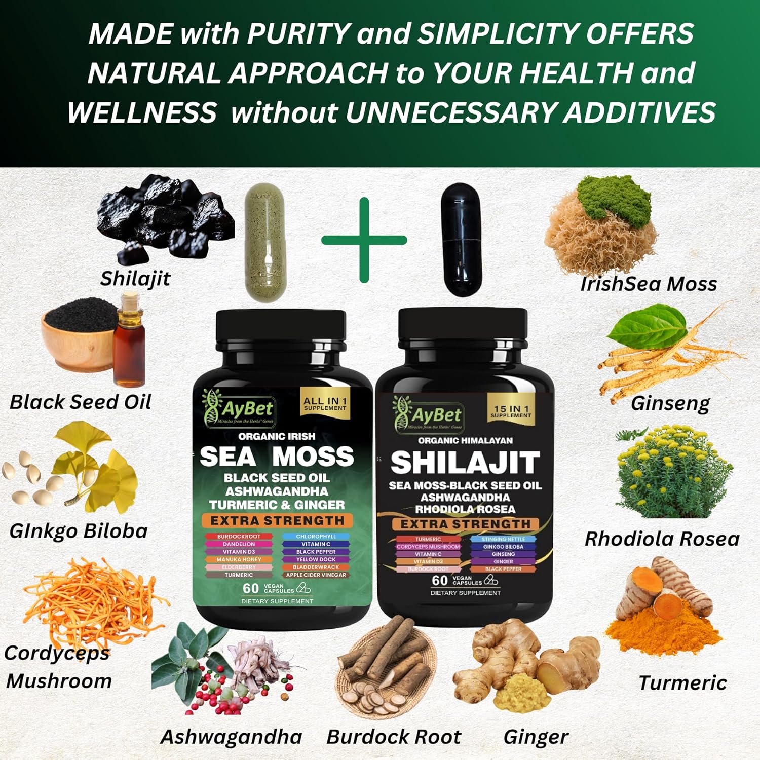 Sea Moss Shilajit Combo Bundle Capsule, Black Seed Oil, Ashwagandha, Rhodiola Rosea, Burdock, Turmeric, Ginger, VitC, VitD3, All in One Supplement, 120 Capsules, Halal, Vegan, USDA Organic - Image 3