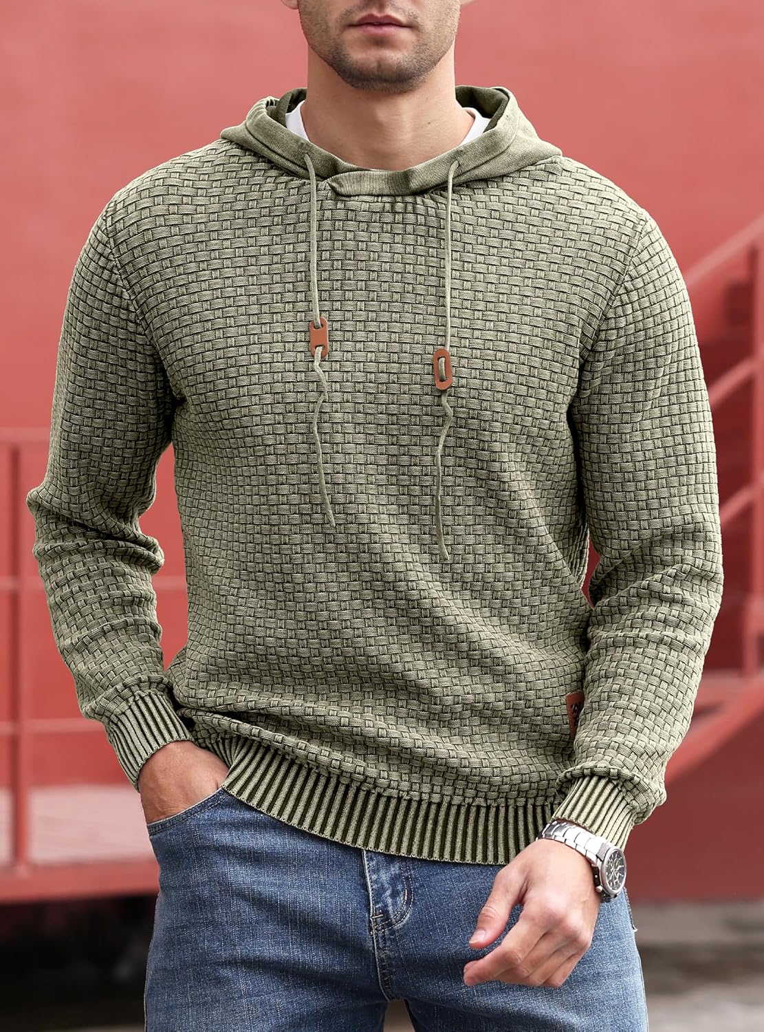 Zaitun Mens Acid Wash Cotton Hoodies Pullover Sweatshirt Long Sleeve Waffle Hoodies Streetwear - Image 3