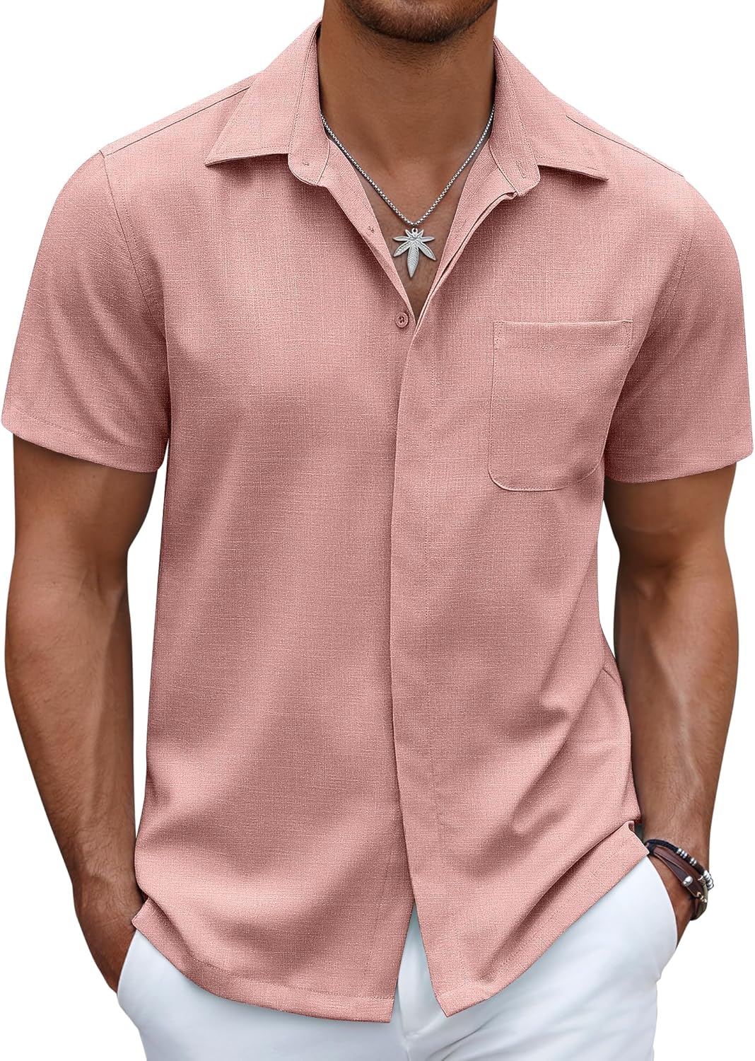COOFANDY Mens Linen Shirt Casual Short Sleeve Button Down Shirt Summer Beach Vacation Wedding Wear - Image 2