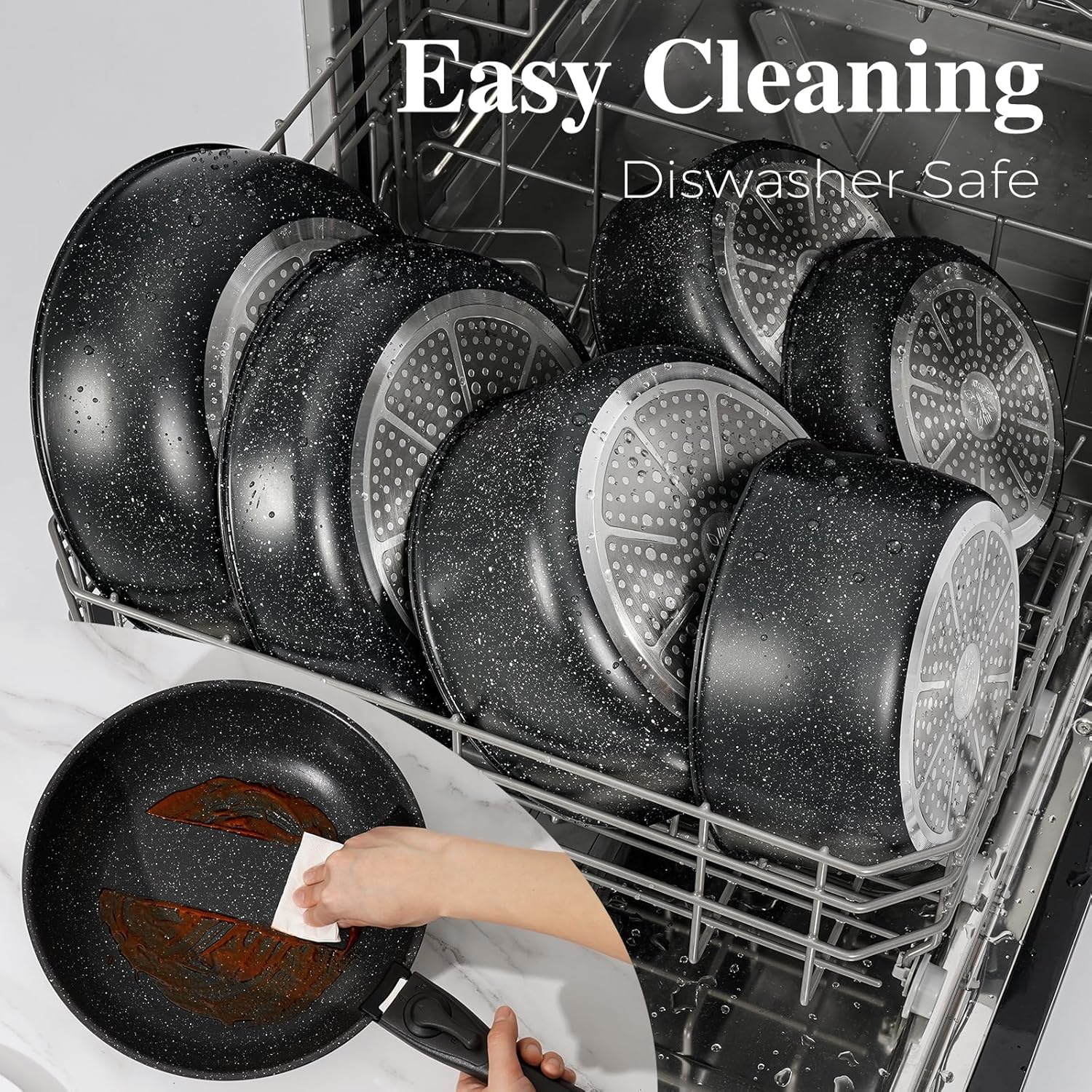 17 Pcs Pots and Pans Set Non Stick, Cookware Sets with Detachable Handle, Nonstick RV Kitchen Cooking Tools Removable Handles, Oven Safe, Induction Fast, Stackable Induction Cookware, Black - Image 7