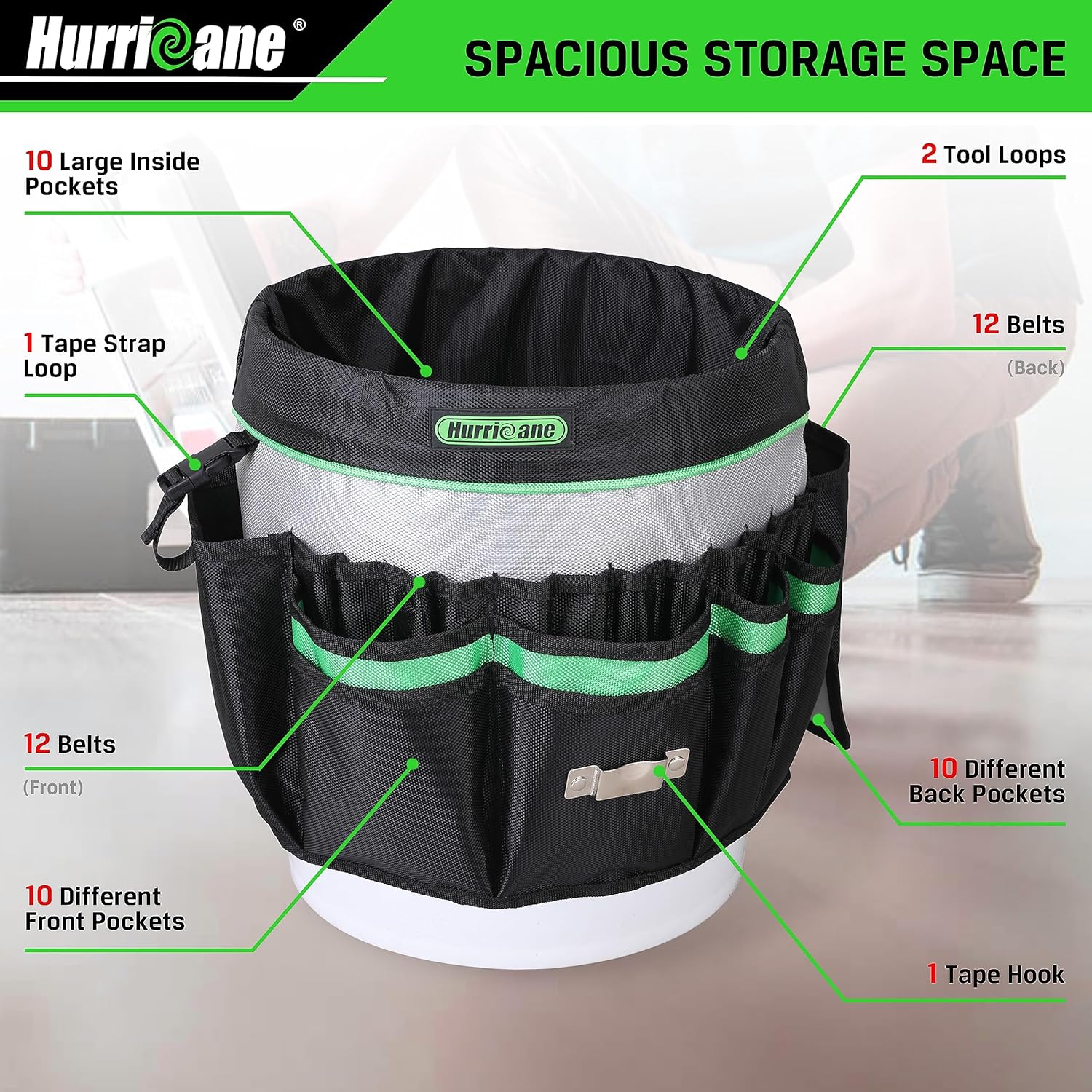 HURRICANE 5 Gallon Bucket Tool Bag Organizer, Garden Tool Caddy with 52 Pockets, Waterproof for Most Buckets - Image 4