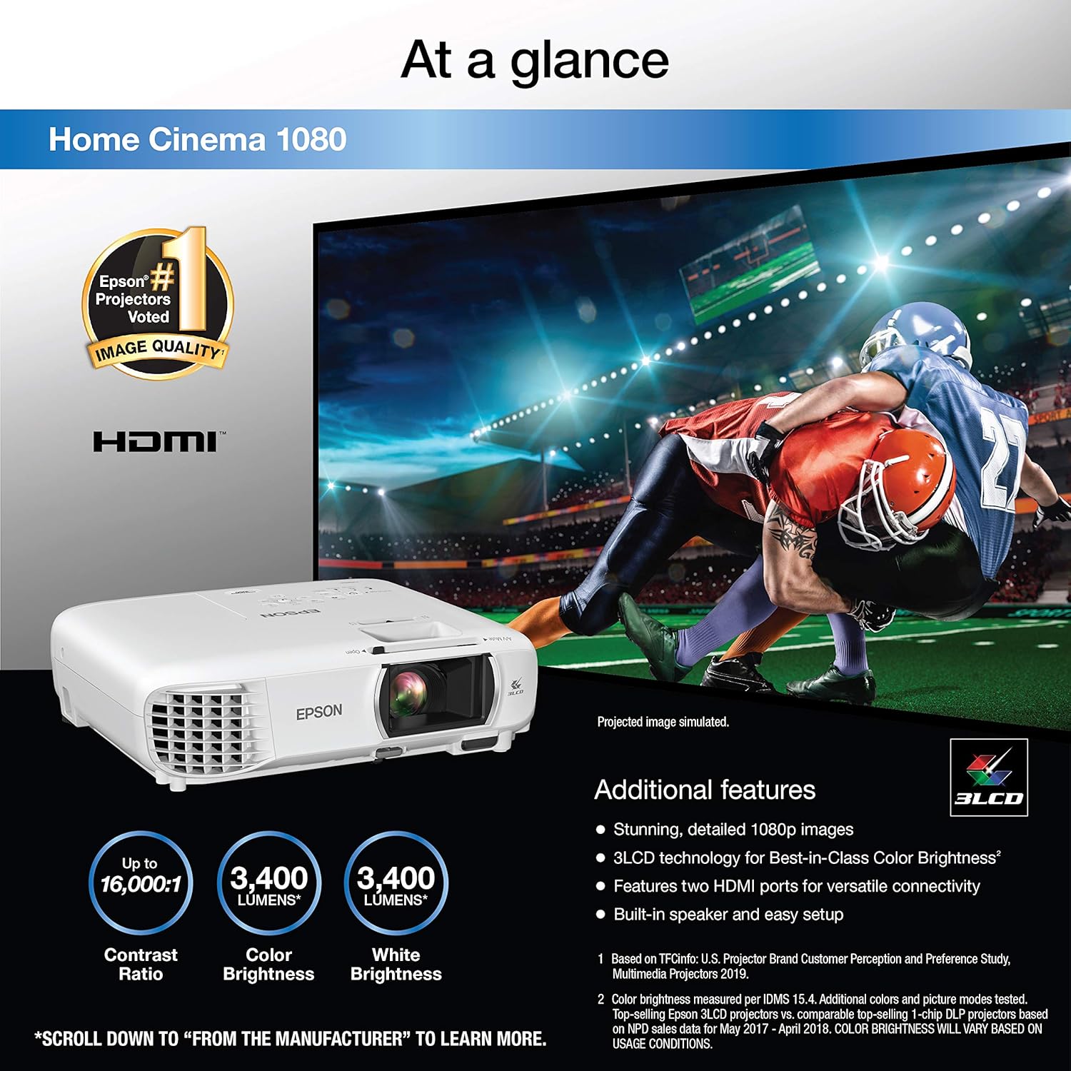 Epson Home Cinema 1080 3-chip 3LCD 1080p Projector, 3400 lumens Color and White Brightness, Streaming/Gaming/Home Theater, Built-in Speaker, 16,000:1 Contrast (Renewed) - Image 6