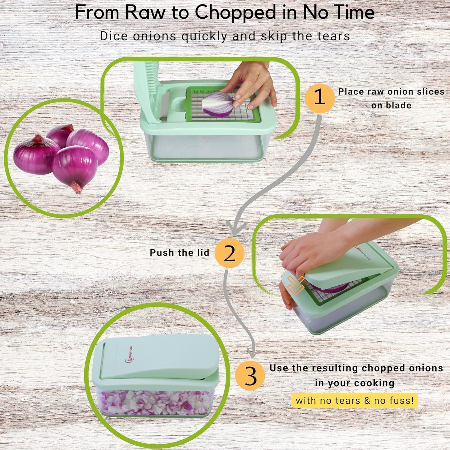 Brieftons QuickPush Food Chopper: Vegetable Dicer Slicer, Onion Cutter, 3 Extra-Large Blades with 200% More Cutting Area to Chop Dice Slice Vegetables, 2.6-Quart Container - Image 4