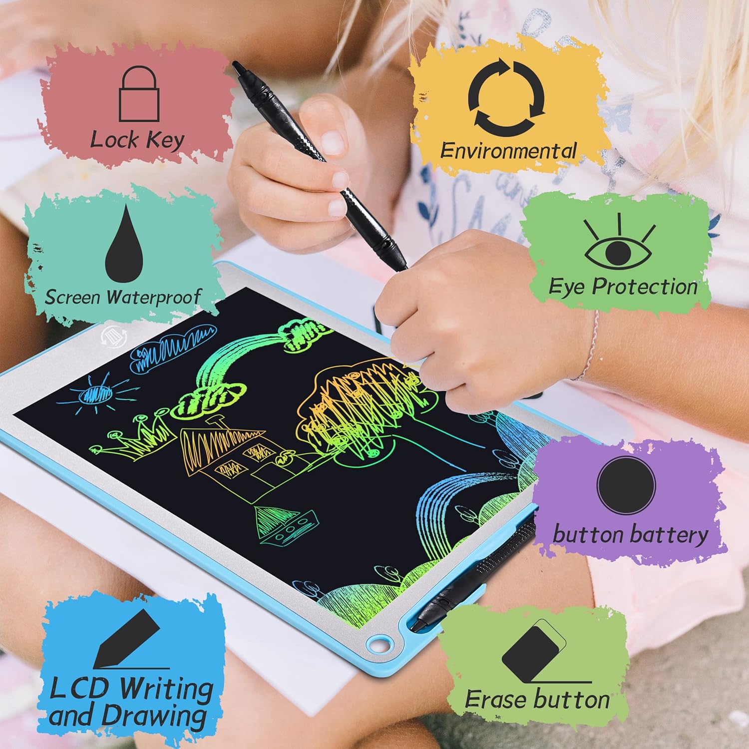 LCD Writing Tablet for Kids Set of 2 - Colorful Doodle Board - 10 Inch Erasable Reusable Drawing Pad- Orange Blue, Learning Toys Gift for 3 4 5 6 Years Old Birthday Stocking Stuffer Christmas Gifts - Image 4