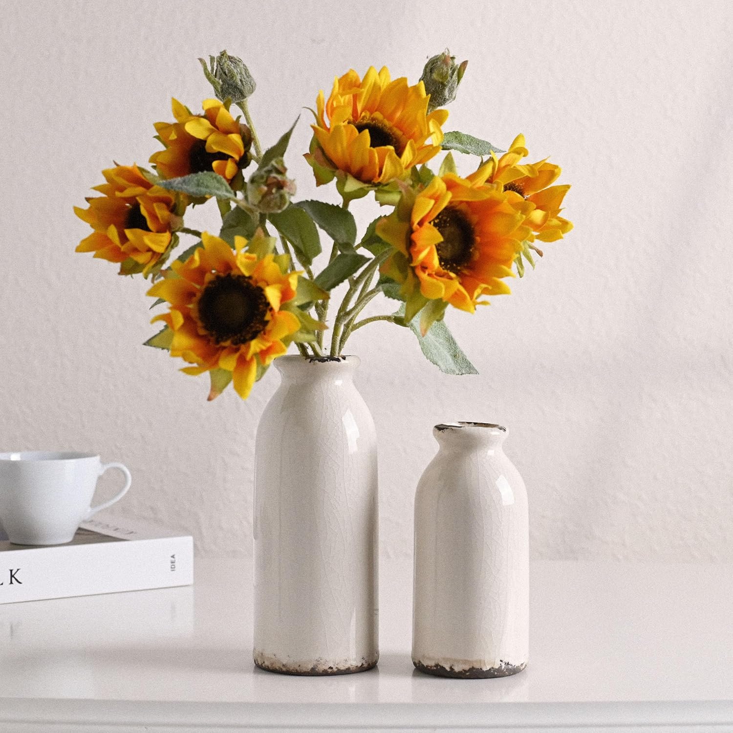 VICTOR & TERESA White Ceramic Vases Home Decor, Farmhouse Vases for Flowers, Flower Vase Set of 2, Rustic Decorative Vases for Pampas Grass, Table, Living Room, Shelf, Centerpieces, 8 inch - Image 3