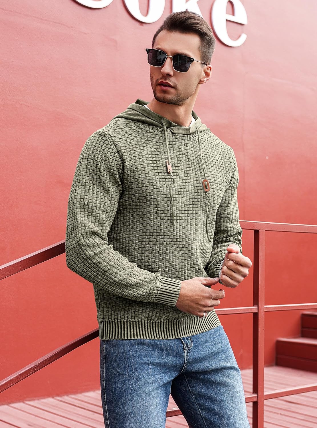 Zaitun Mens Acid Wash Cotton Hoodies Pullover Sweatshirt Long Sleeve Waffle Hoodies Streetwear - Image 6