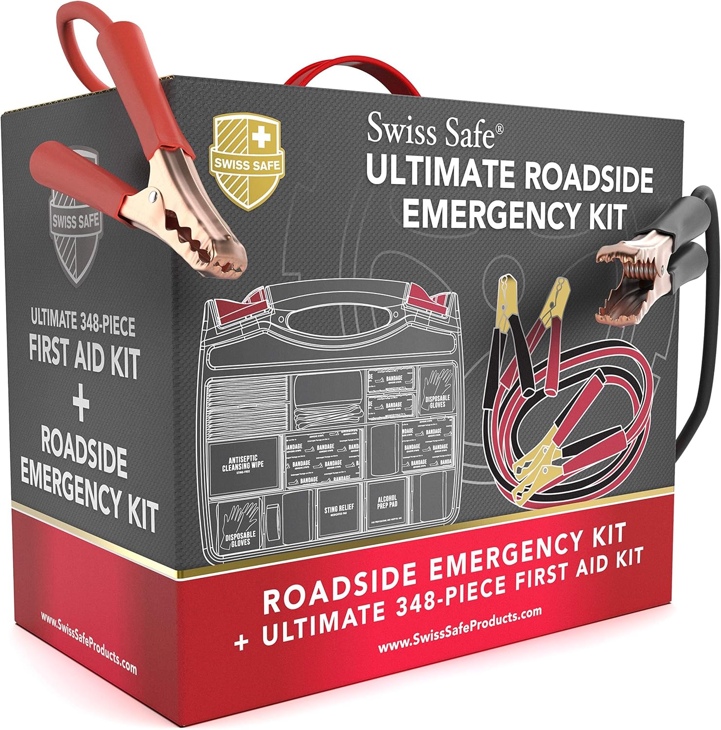 Swiss Safe 2-in-1 Survival Car Emergency Kit for Vehicles - Compact & Portable Car Safety Kit w/Travel Bag + Bonus Car First Aid Kit (378 Piece) - 12-Foot Jumper Cables - Auto Essentials - Image 9