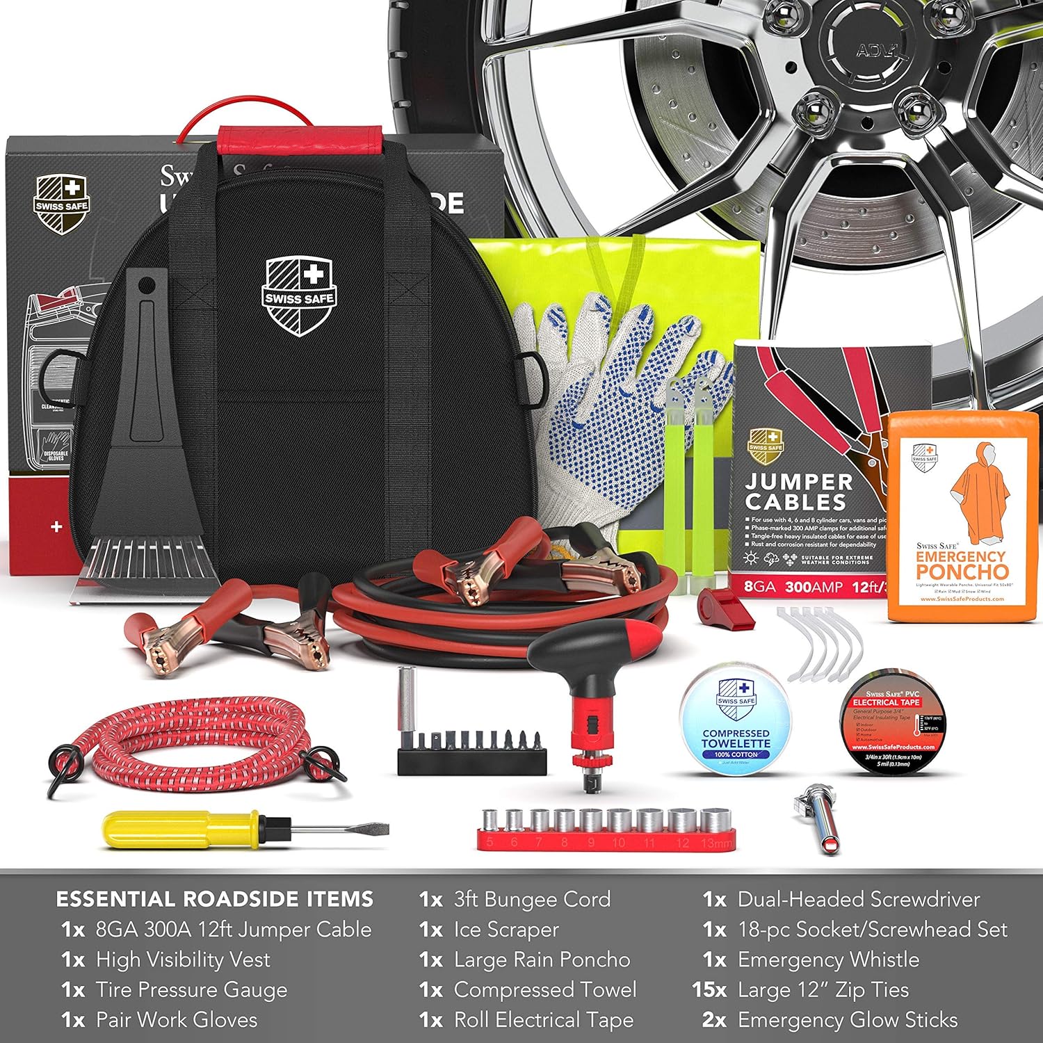 Swiss Safe 2-in-1 Survival Car Emergency Kit for Vehicles - Compact & Portable Car Safety Kit w/Travel Bag + Bonus Car First Aid Kit (378 Piece) - 12-Foot Jumper Cables - Auto Essentials - Image 5