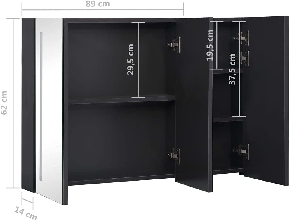 vidaXL LED Bathroom Mirror Cabinet with 3 Doors and 5 Shelves, Energy-Efficient Light for Grooming, Makeup, and Skincare, Melamine-Finish MDF, Anthracite, Contemporary Design, Dimensions: 35"x5.5"... - Image 4