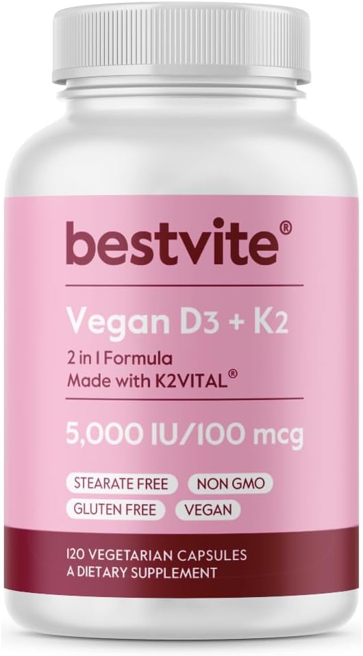BESTVITE Vegan Vitamin D3 5000 IU + Vitamin K2 100 mcg as MK-7 (120 Vegetarian Capsules) - No Stearates - Vegan - Non GMO - Gluten Free - Image 2