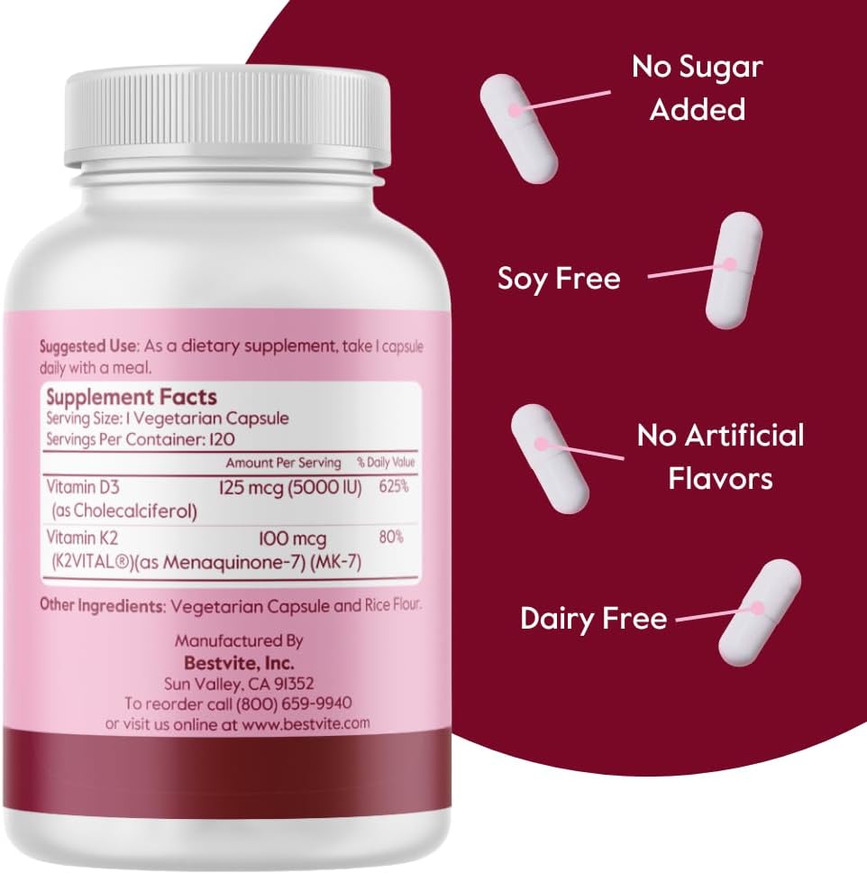 BESTVITE Vegan Vitamin D3 5000 IU + Vitamin K2 100 mcg as MK-7 (120 Vegetarian Capsules) - No Stearates - Vegan - Non GMO - Gluten Free - Image 3
