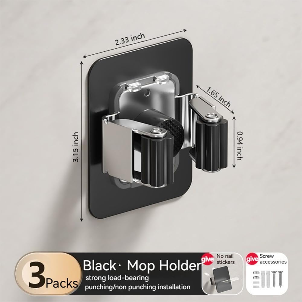 3 Pack Broom Holder Wall Mount & Mop Wall Mount Organizer, No Drilling Self-Adhesive Anti-Slip Grippers for Kitchen Laundry Garden,Black - Image 3