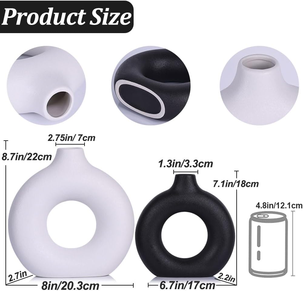 Black and White Ceramic Vase Set of 2, Matte Round Hollow Donut Flower Vases, Modern Boho Pampas Grass Decorative Vase, Ideal for Wedding, Living Room, Office, Entrance, Dining Table Decoration Vase - Image 3