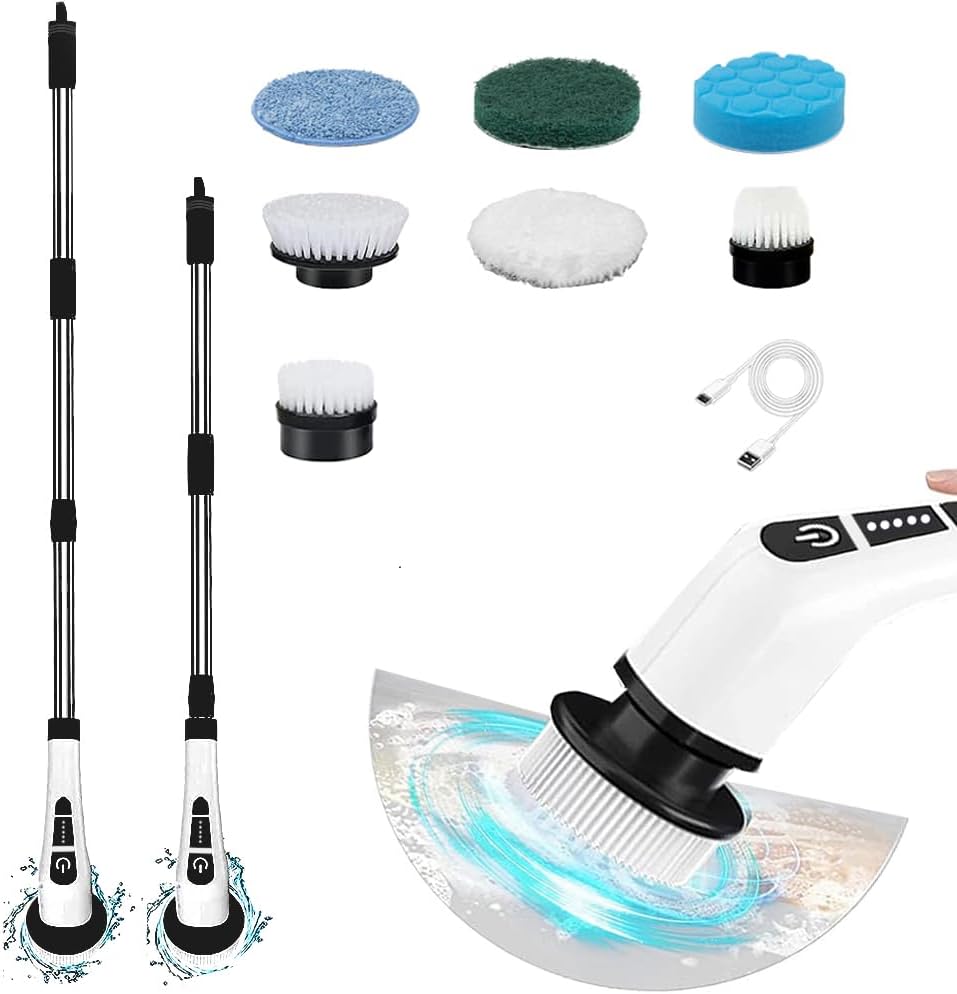 Electric Spin Scrubber,Cordless Cleaning Brush Spin Scrubber,Power Scrubber 2 Adjustable Speeds,7 Replaceable Brush Heads (White) - Image 2