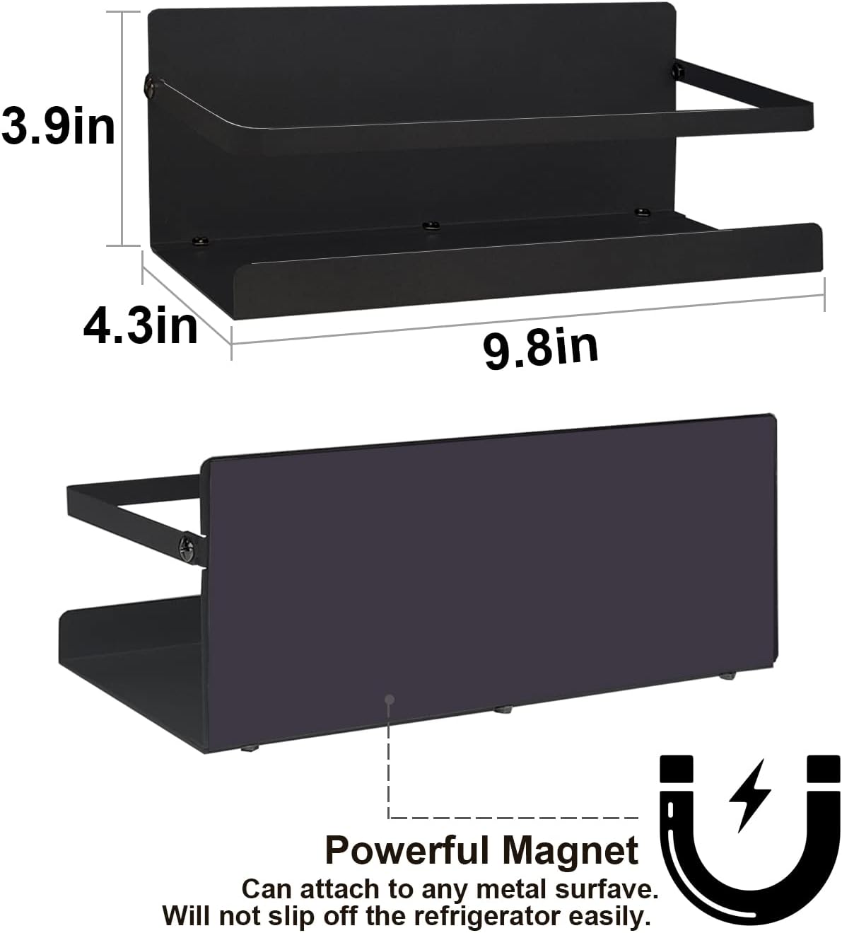 2 Pack Magnetic Spice Rack Organizer for Refrigerator, Magnet Fridge Spice Shelf with Strong Magnet Back for Holding Seasoning, Jars, Bottles, Cans, Beverages (Black) - Image 3