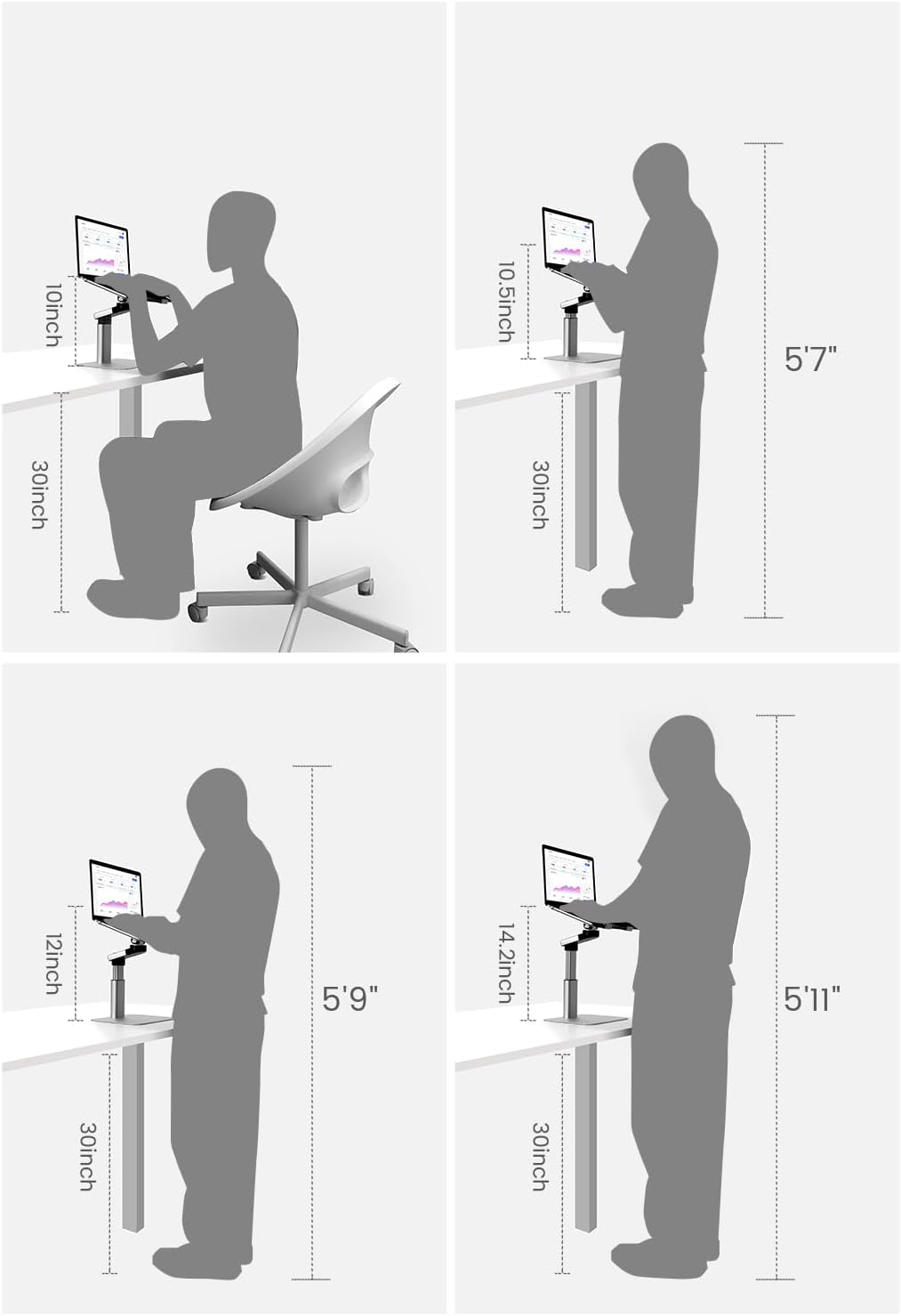Vaydeer Portable Standing Desk Converter, All-in-One Aluminum Laptop Stand Adjustable Height 360° Rotation, Ergonomic Riser, Universal Fit for MacBook Pro and All Laptops, Sit-to-Stand Design - Image 4