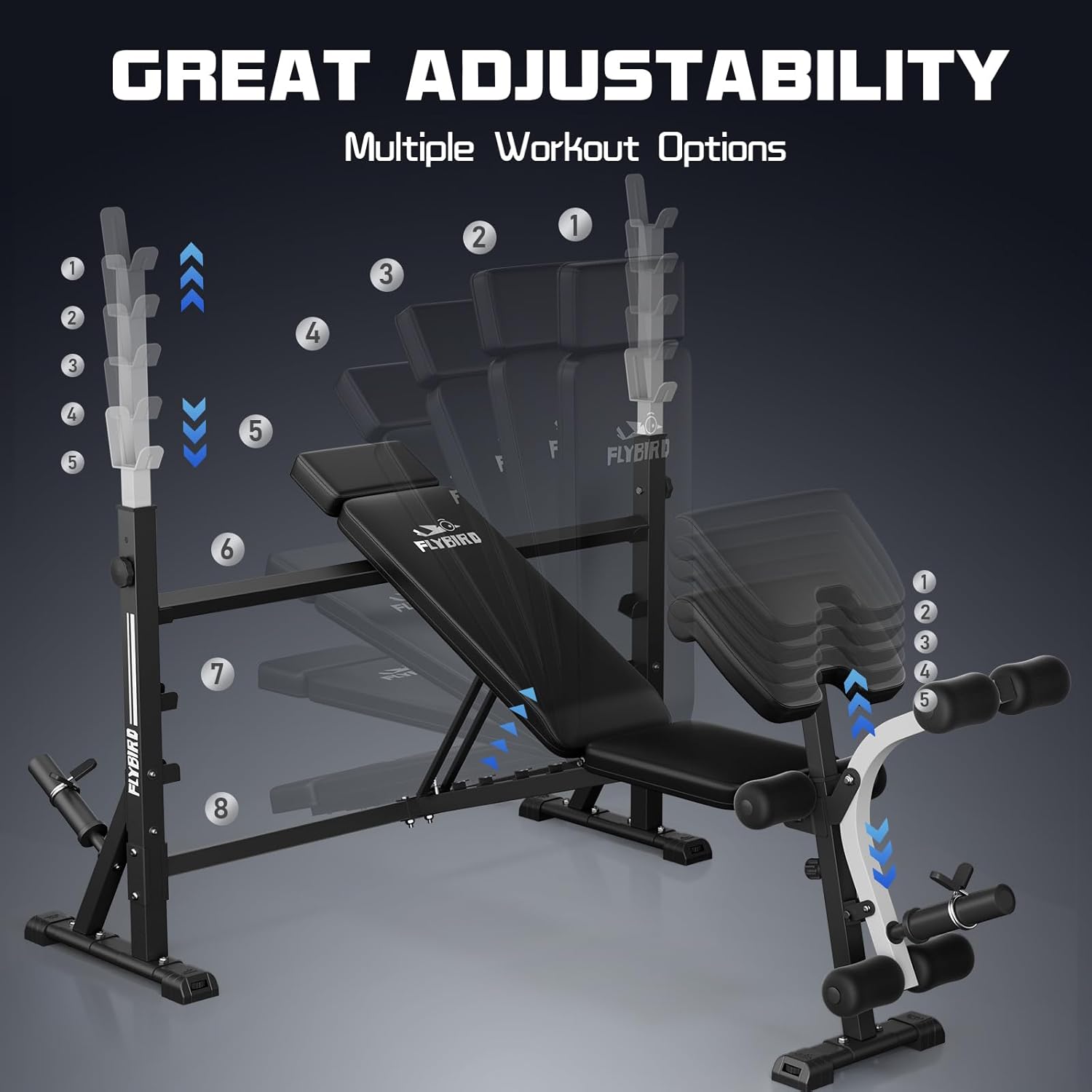 FLYBIRD Olympic Weight Bench, Adjustable Bench Press with Squat Rack, Leg Developer, Preacher Curl Pad for Home Gym, Full-Body Strength Training Equipment - Image 4