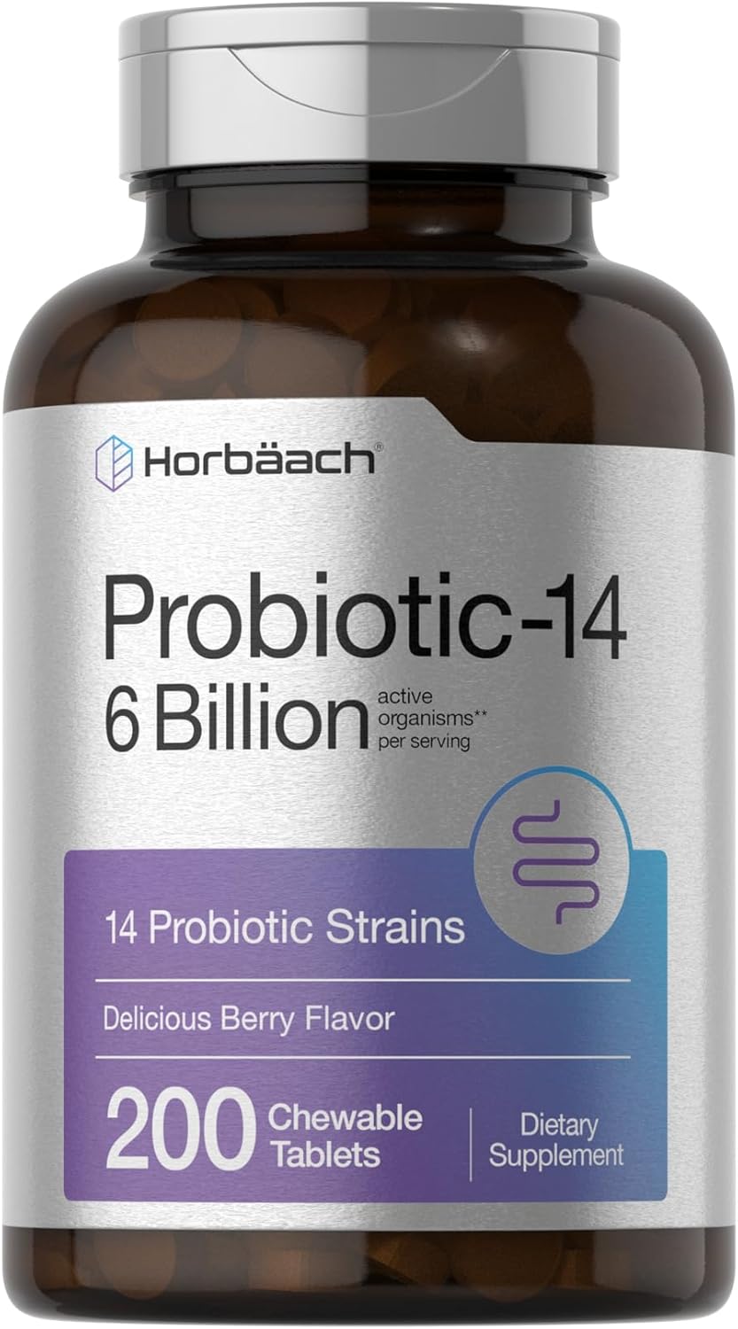Horbäach Probiotics 6 Billion CFUs | 200 Chewable Tablets | Berry Flavor | 14 Probiotic Strains | Vegetarian, Non-GMO & Gluten Free Supplement for Men & Women - Image 2