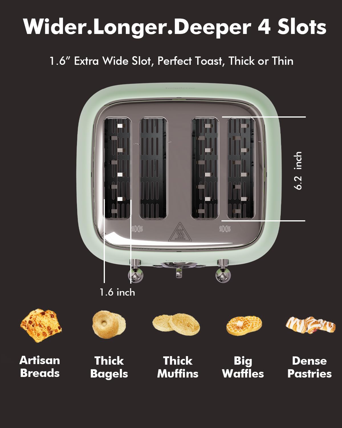 Retro 4-Slice Toaster 1.6" Wide Slots - 6 Toast Settings with Bagel Function, Stainless Steel Body, Defrost/Cancel Button & Crumb Tray, Vintage Green - Image 5