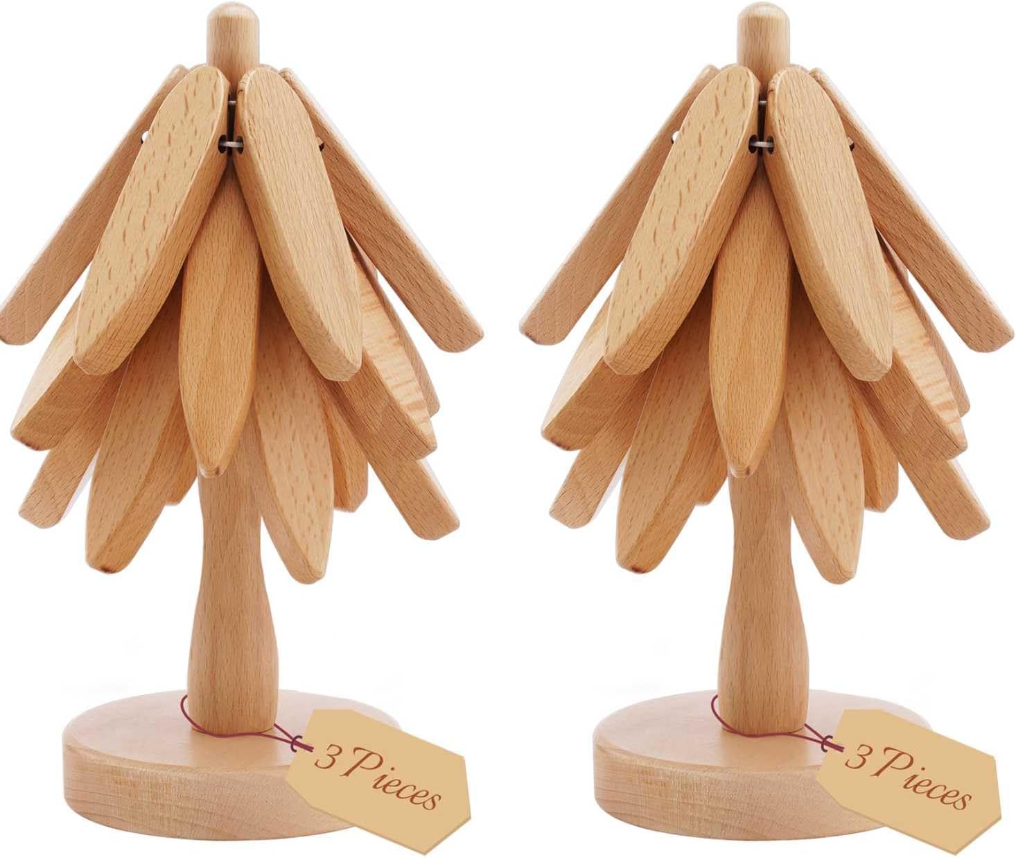 8 Inches Tree-Shaped Trivets, Collapsible Wood Place Mats for Hot Dishes Pans, Anti Stain Pot Holders for Kitchen Counter Table Home Essentials, 6PCS Wooden Coasters with 2 Organising Holders - Image 2