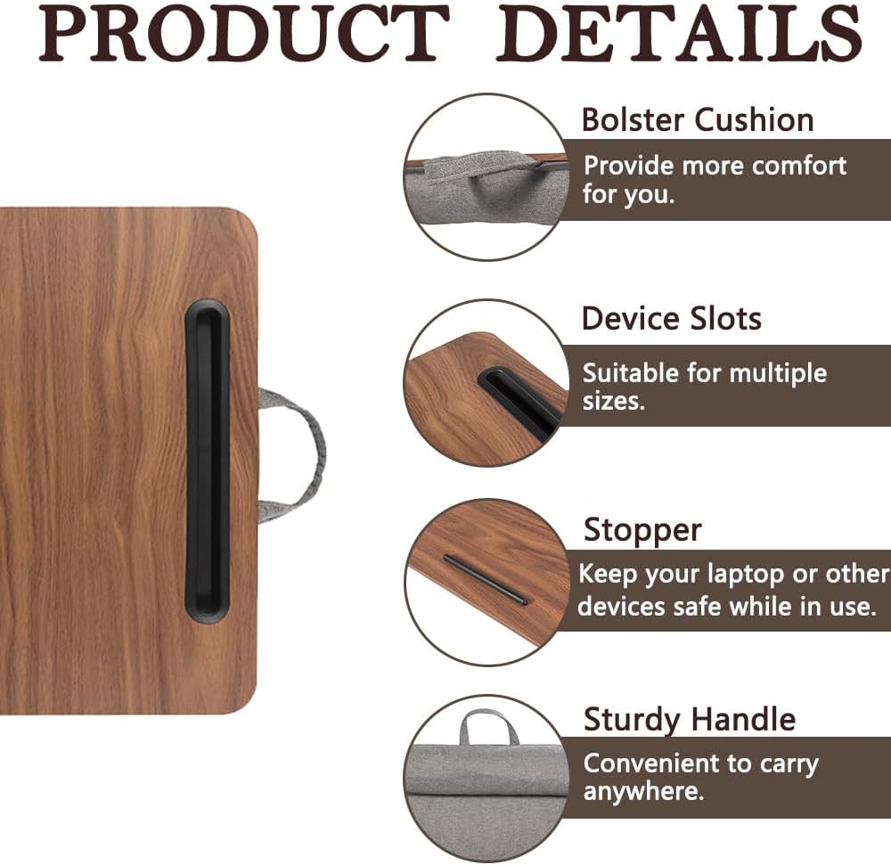 Lap Desk, Portable Laptop Desk Fits Up to 16“ Laptops, with Tablet Slot, Built-in Cushion, Great for Home & Office,Lap Desk with Cushion (Brown, Medium) - Image 6