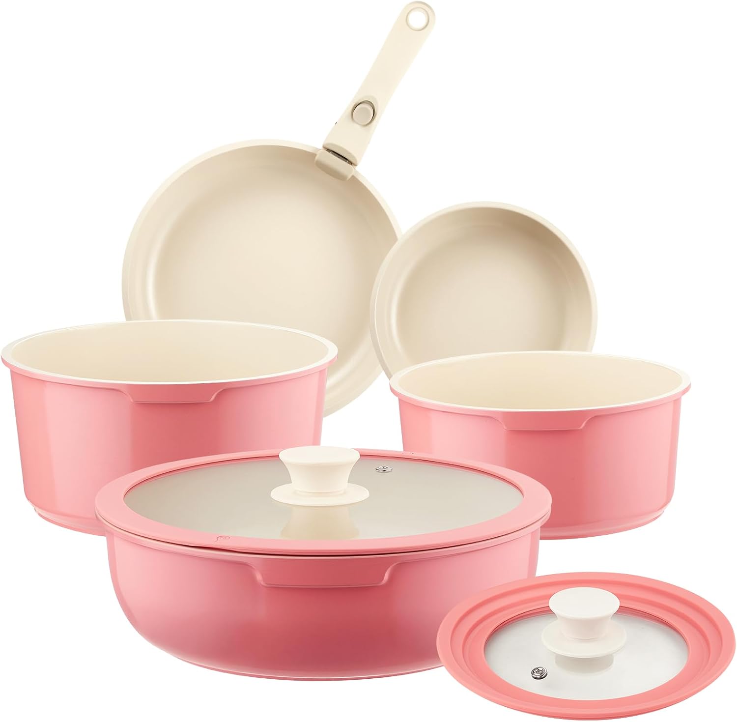 Ceramic Pots and Pans Set Non Stick Pink, 8 Pcs Nonstick Cookware Set with Detachable Handle RV Camping Induction Kitchen Cookware Set Non Stick, PFAS PFOA & PTFE Free - Image 2
