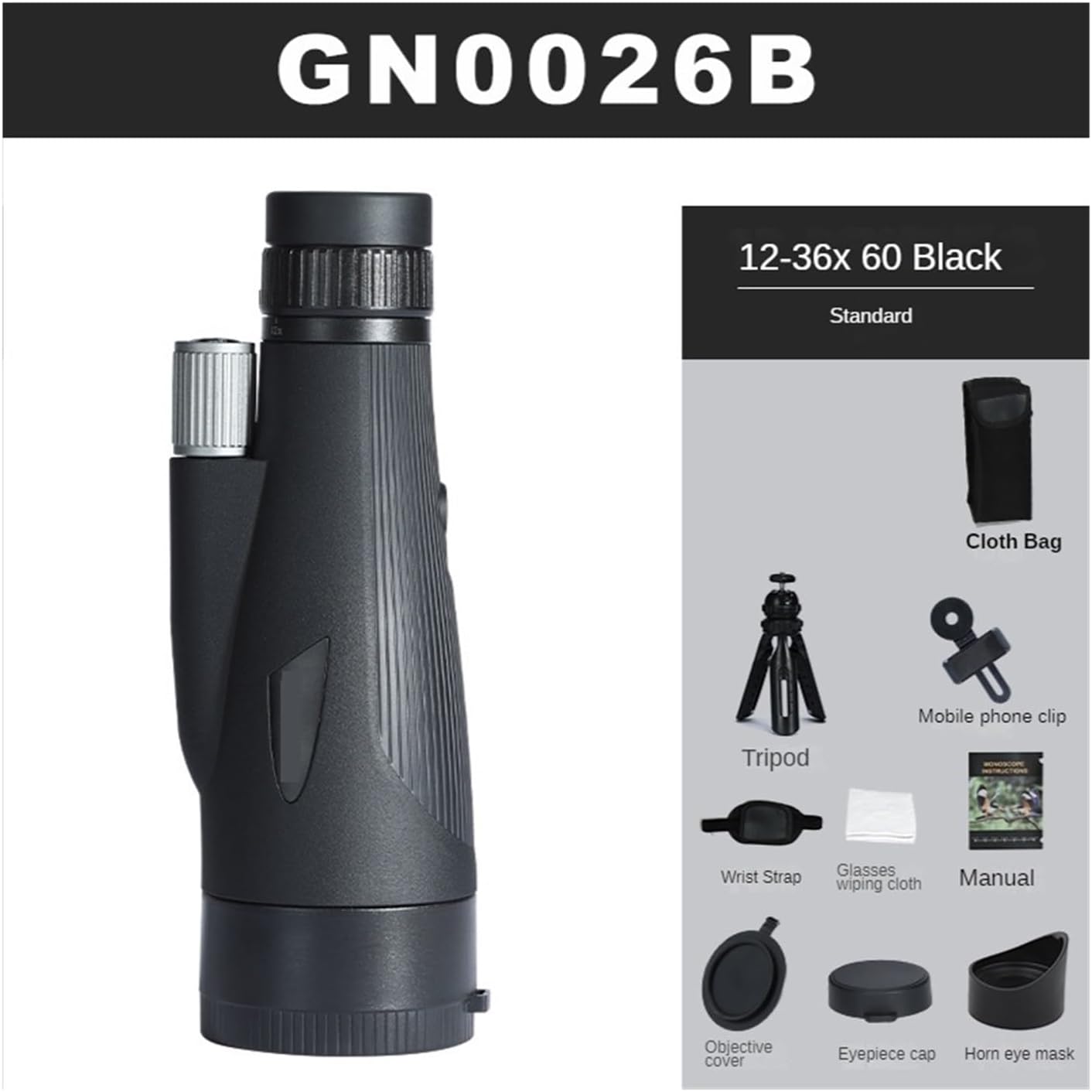 12-36X60 Monocular Bird Watching Telescope HD Zoom Monocular Telescope Spotting Scope for Bird Watching,Hunting and Outravel Sharp Images(GN0026 Green Set) (Gn0026 Black Set) - Image 3