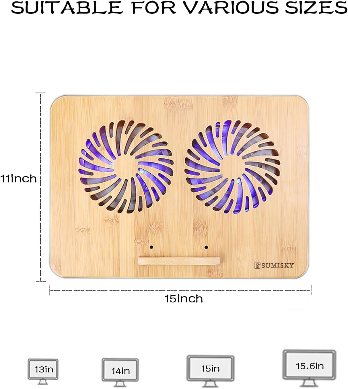 SUMISKY Laptop Stand Cooling Pad 100% Bamboo Adjustable Laptop Desk with 2 Quiet Cooling Fans Blue Light and 2 USB Ports Ergonomic Cooler Pad - Image 3