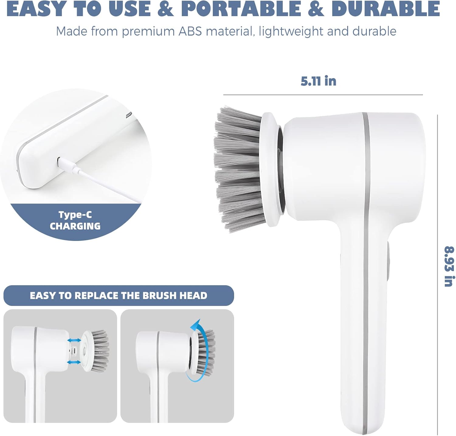 Electric Spin Scrubber Cordless Power Cleaning Brush with 5 Replaceable Brush Heads Rechargeable Scrubber for Bathroom Tub Sink Kitchen Dishes Tile Window Floor Grout, White - Image 5
