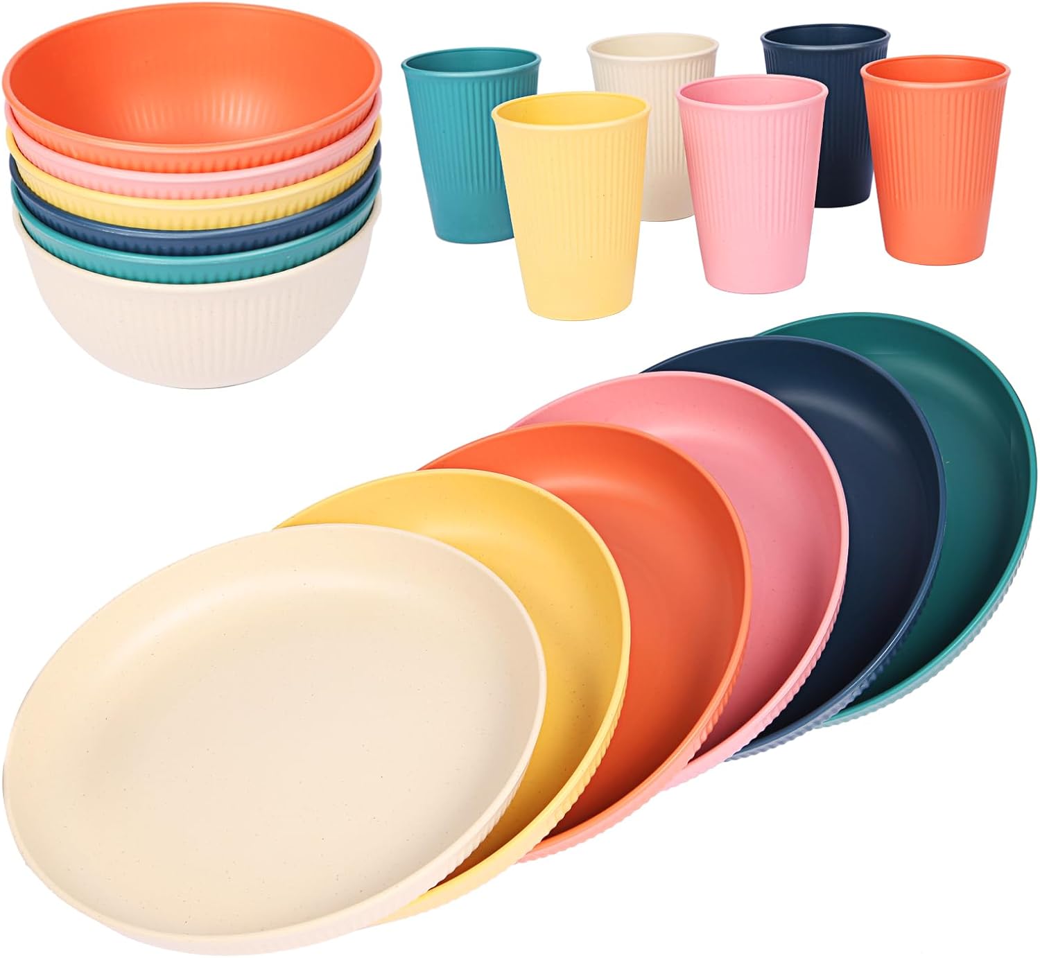 18pcs Wheat Straw Dinnerware Sets, Unbreakable dish Set Reusable Plates, Bowls, and Cups Set dishes Dishwasher Microwave Safe for Kitchen Outdoor Travel Camping (Macron Color) - Image 2