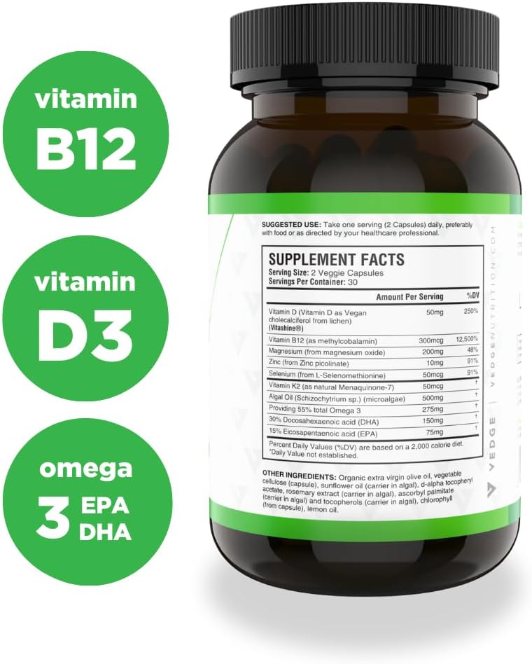 vedge Vegan Omega 3 - Daily Multivitamin Contains Vitamin D, Vitamin B12, Algal Oil for Vegan EPA & DHA - Natural Vitamins, Minerals - 30 Day Supply Nutrition Essential - Image 3