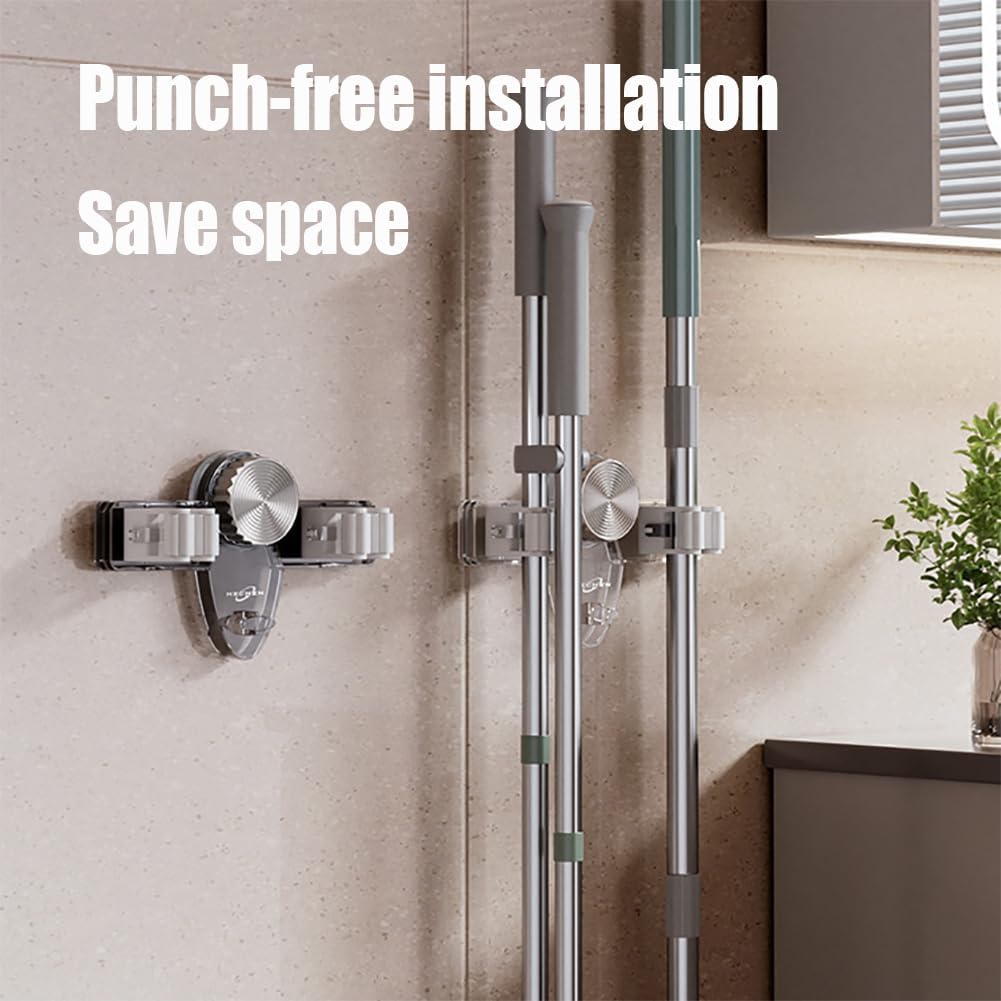 Broom Mop Holder Wall Mounted, Self Adhesive Command Mop Broom Hanger with Hooks, Suction Cup Nail Free Installation Broom Organizer for Bathroom (Transparent white*1) - Image 3